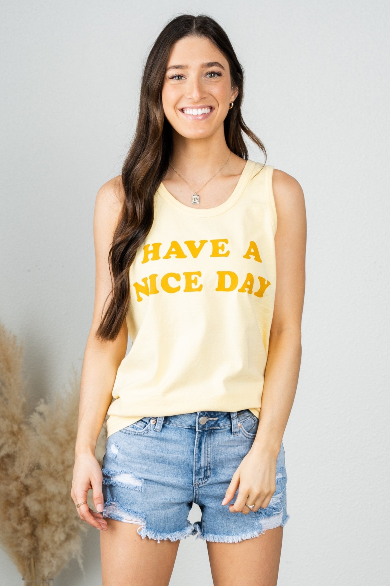 Have a nice day washed tank top yellow - Stylish Tank Top - Trendy Summer Lake T-Shirts and Tank Tops at Lush Fashion Lounge Boutique in Oklahoma City