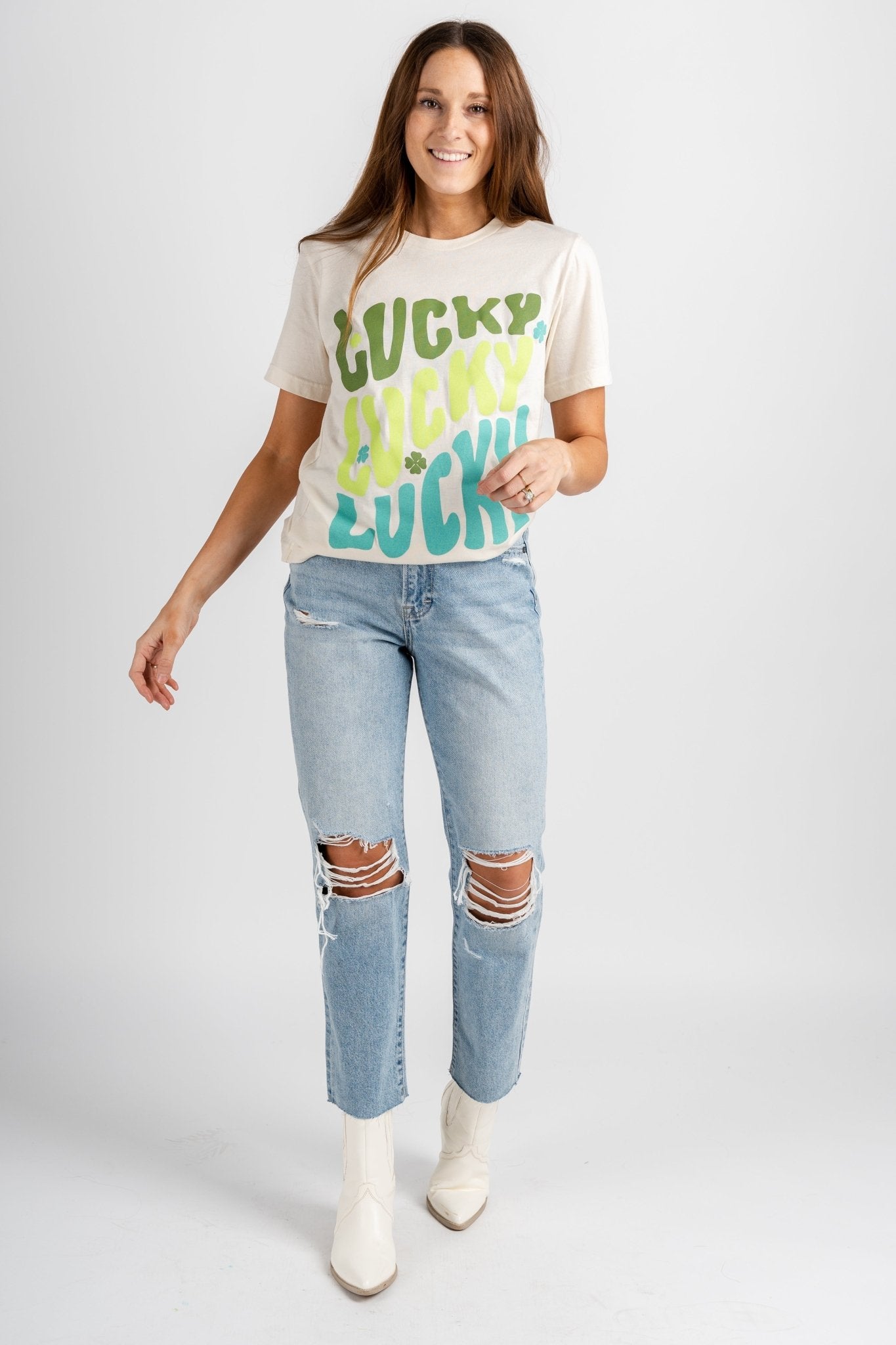 Lucky repeat oversized t-shirt cream - Trendy St. Patrick's T-Shirts at Lush Fashion Lounge Boutique in Oklahoma City