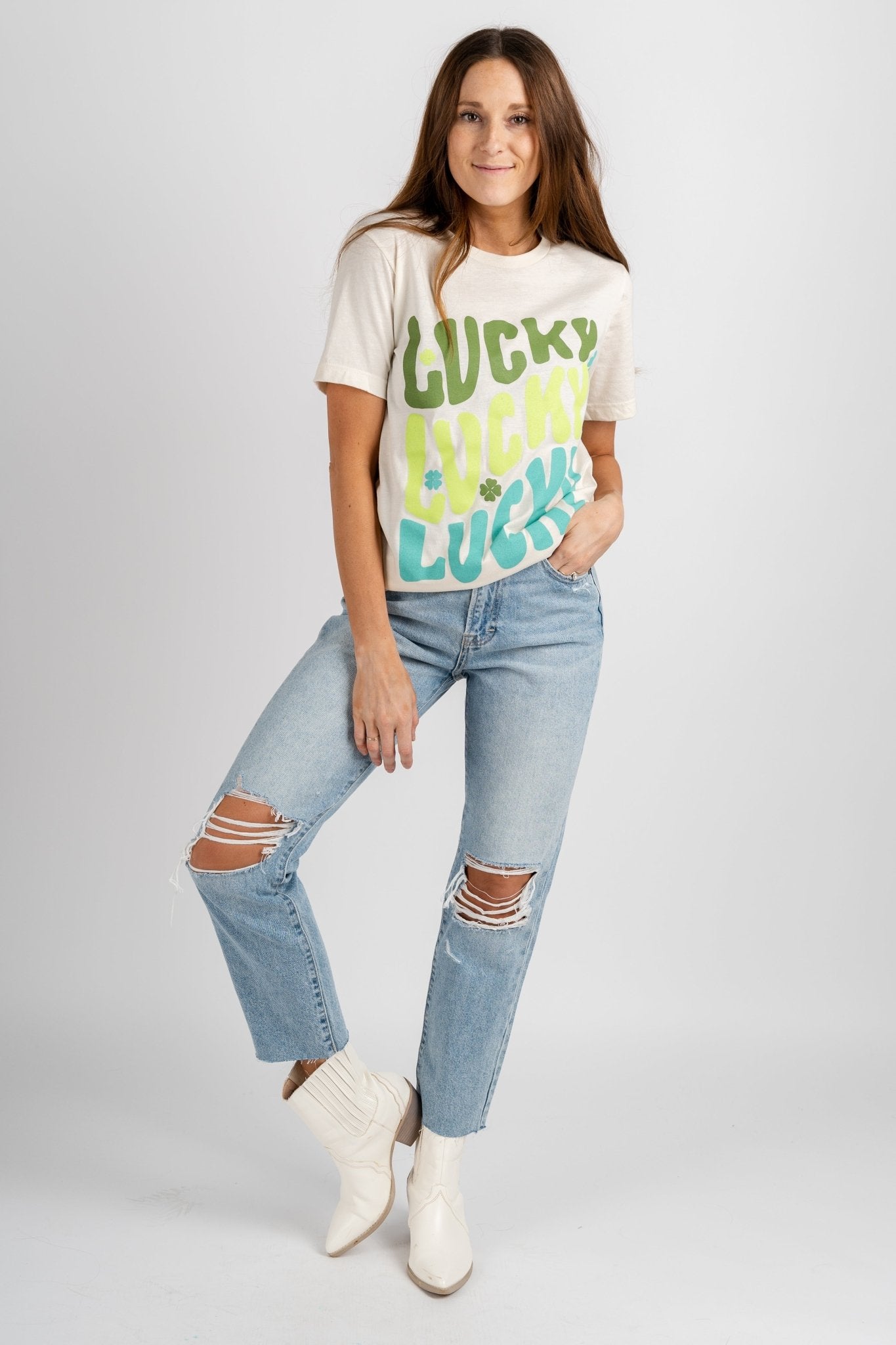 Lucky repeat oversized t-shirt cream - Cute St. Patrick's Day Outfits at Lush Fashion Lounge Boutique in Oklahoma City