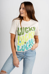 Lucky repeat oversized t-shirt cream - Unique St. Patrick's Day T-Shirt Designs at Lush Fashion Lounge Boutique in Oklahoma City