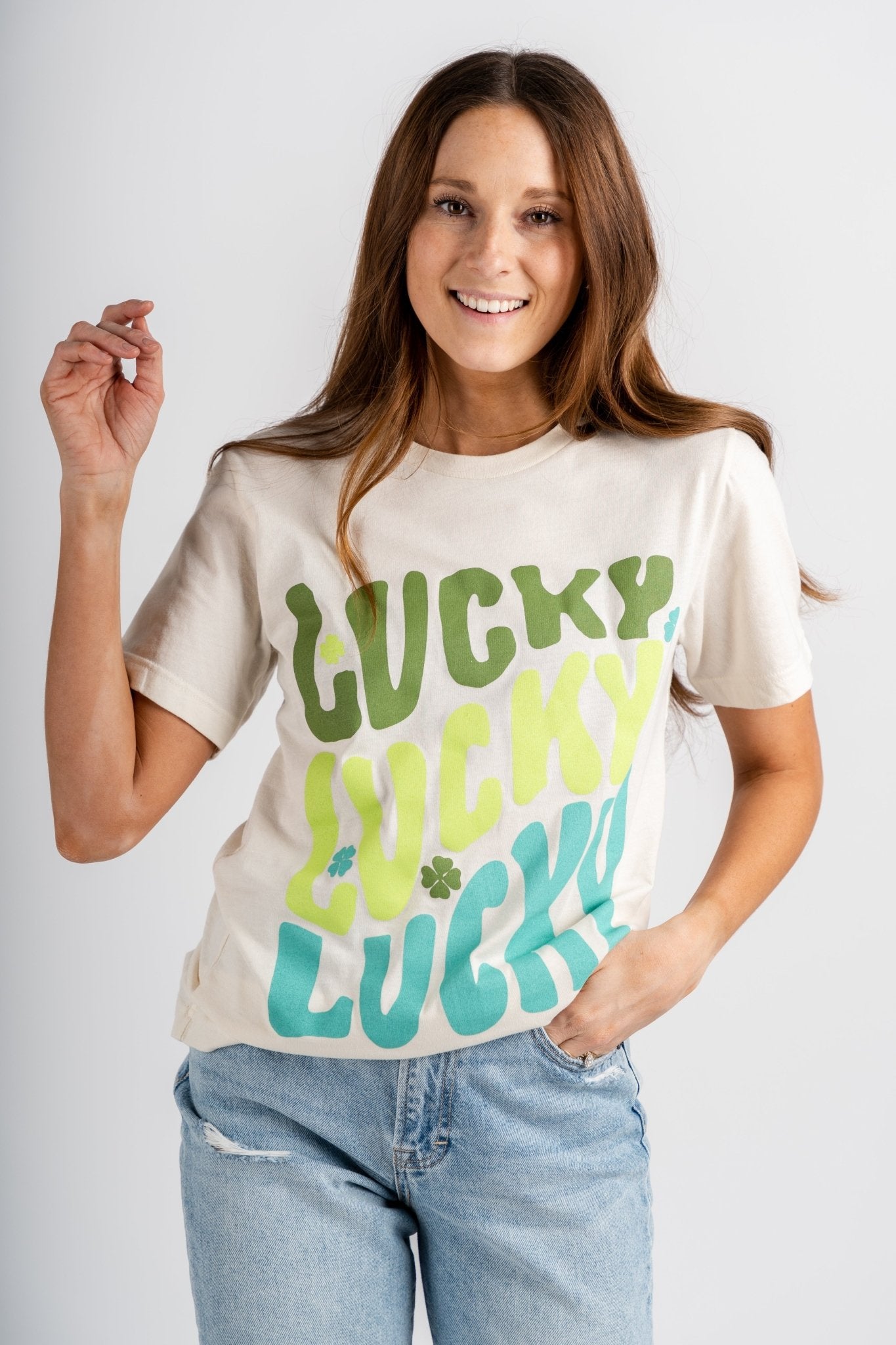 Lucky repeat oversized t-shirt cream - Trendy T-Shirts for St. Patrick's Day at Lush Fashion Lounge Boutique in Oklahoma City