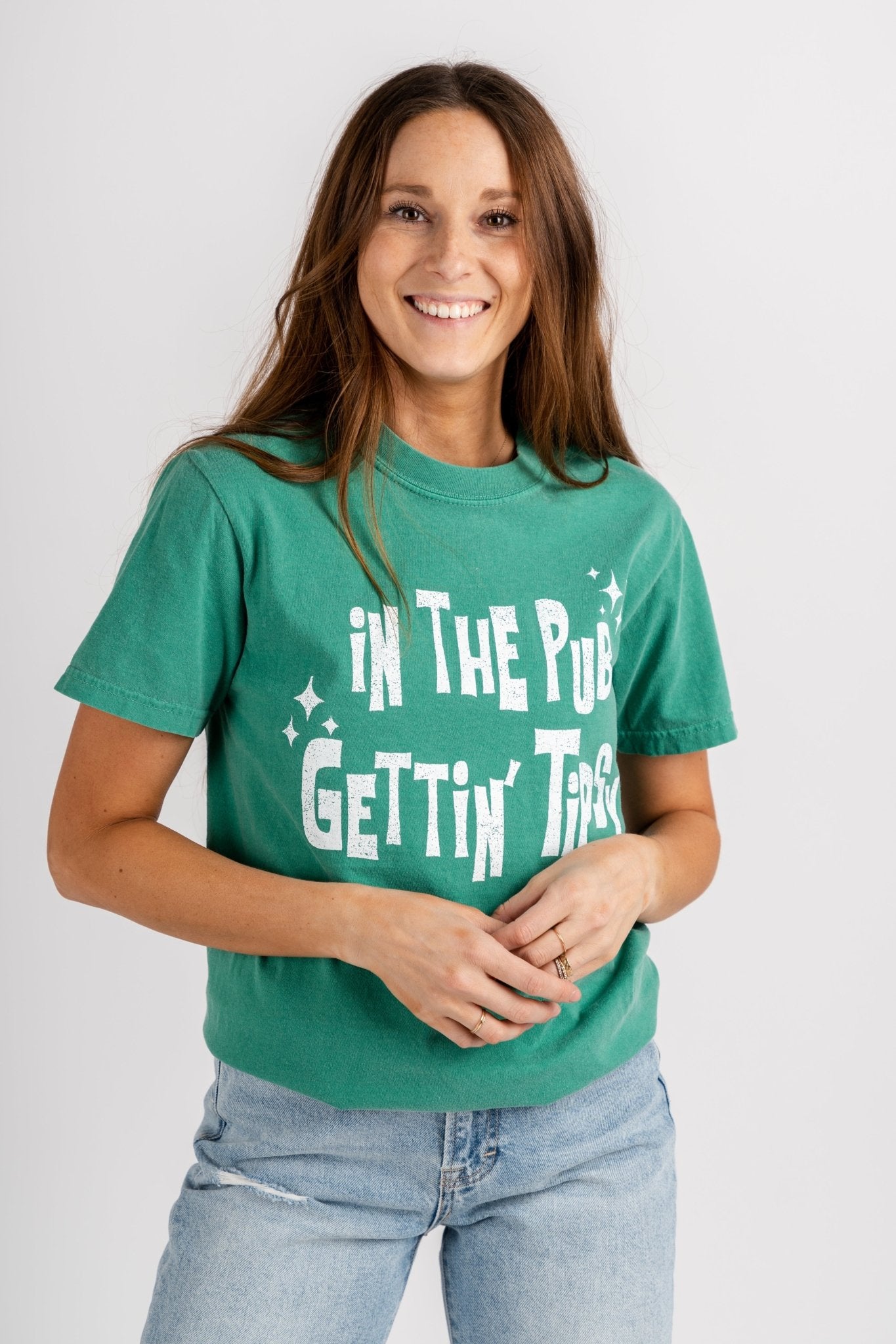 In the pub getting tipsy comfort color t-shirt green - Trendy T-Shirts for St. Patrick's Day at Lush Fashion Lounge Boutique in Oklahoma City