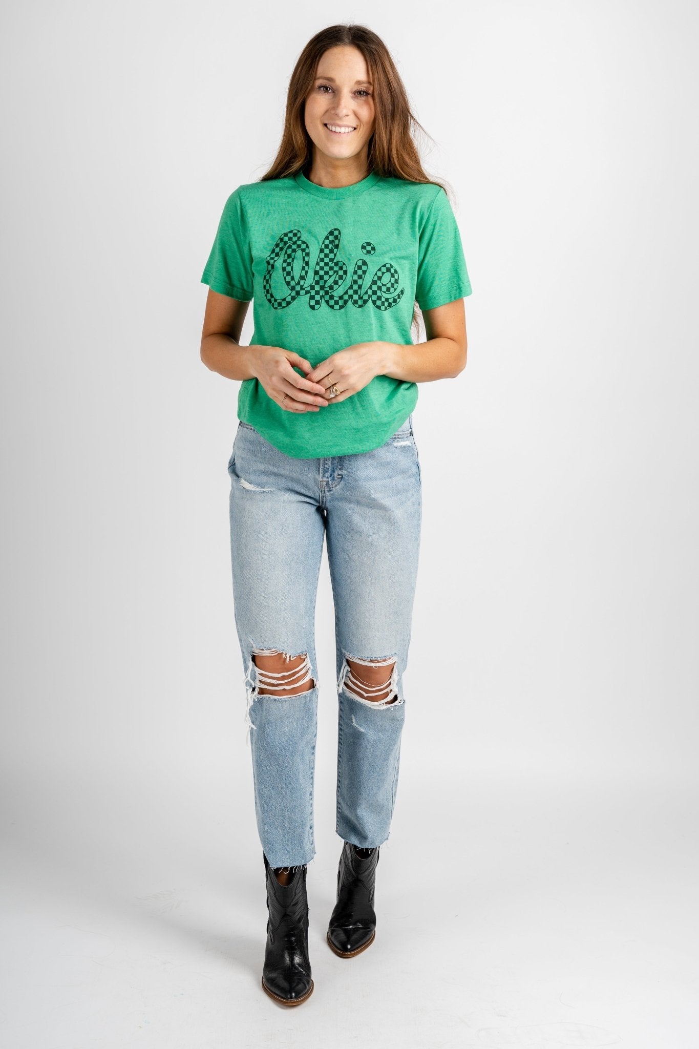 Okie checkered t-shirt green - Cute St. Patrick's Day Outfits at Lush Fashion Lounge Boutique in Oklahoma City
