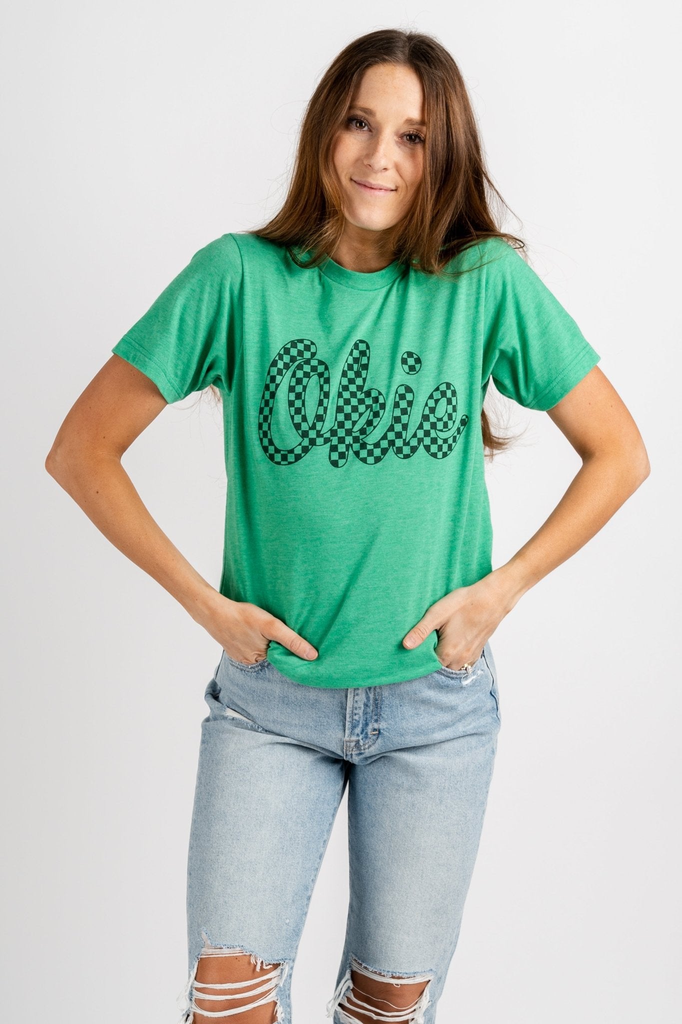 Okie checkered t-shirt green - Unique St. Patrick's Day T-Shirt Designs at Lush Fashion Lounge Boutique in Oklahoma City