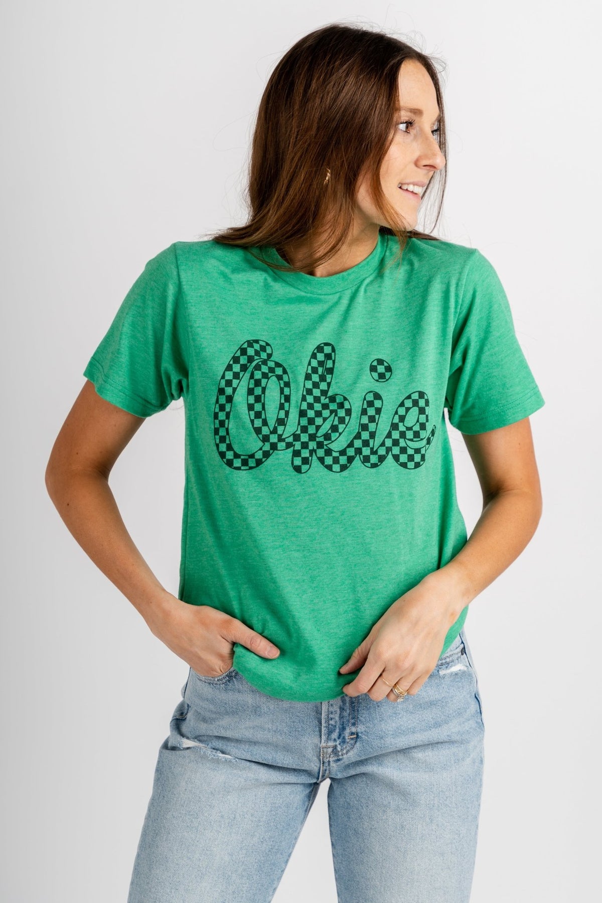 Okie checkered t-shirt green - Trendy T-Shirts for St. Patrick's Day at Lush Fashion Lounge Boutique in Oklahoma City