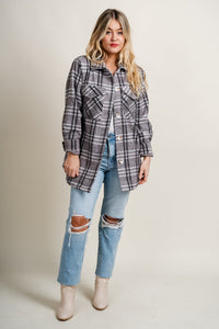 Plaid button down shacket heather grey Stylish Shacket - Womens Fashion Jackets & Blazers at Lush Fashion Lounge Boutique in Oklahoma City