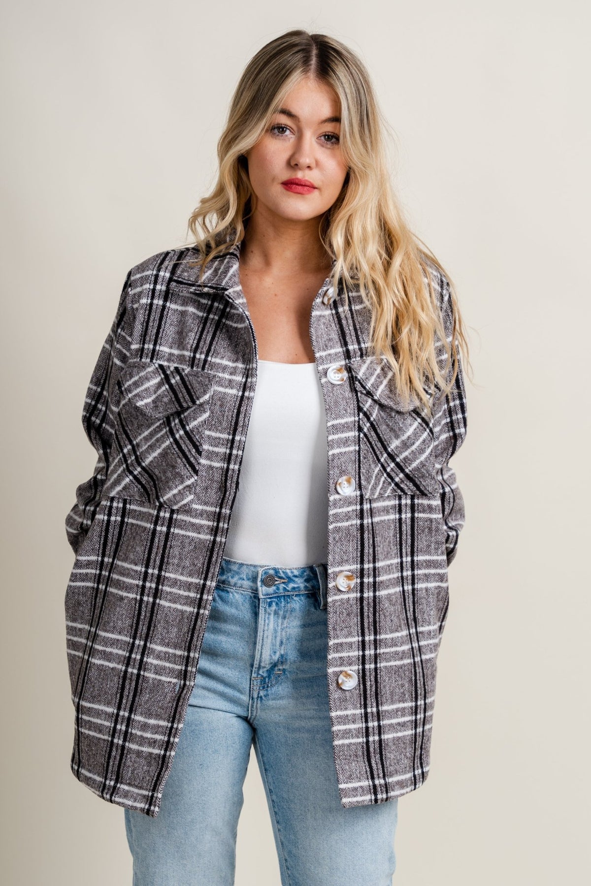 Plaid button down shacket heather grey - Cute Shacket - Trendy Jackets and Blazers at Lush Fashion Lounge Boutique in Oklahoma City