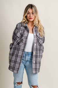 Plaid button down shacket heather grey - Affordable Shacket - Boutique Jackets & Blazers at Lush Fashion Lounge Boutique in Oklahoma City