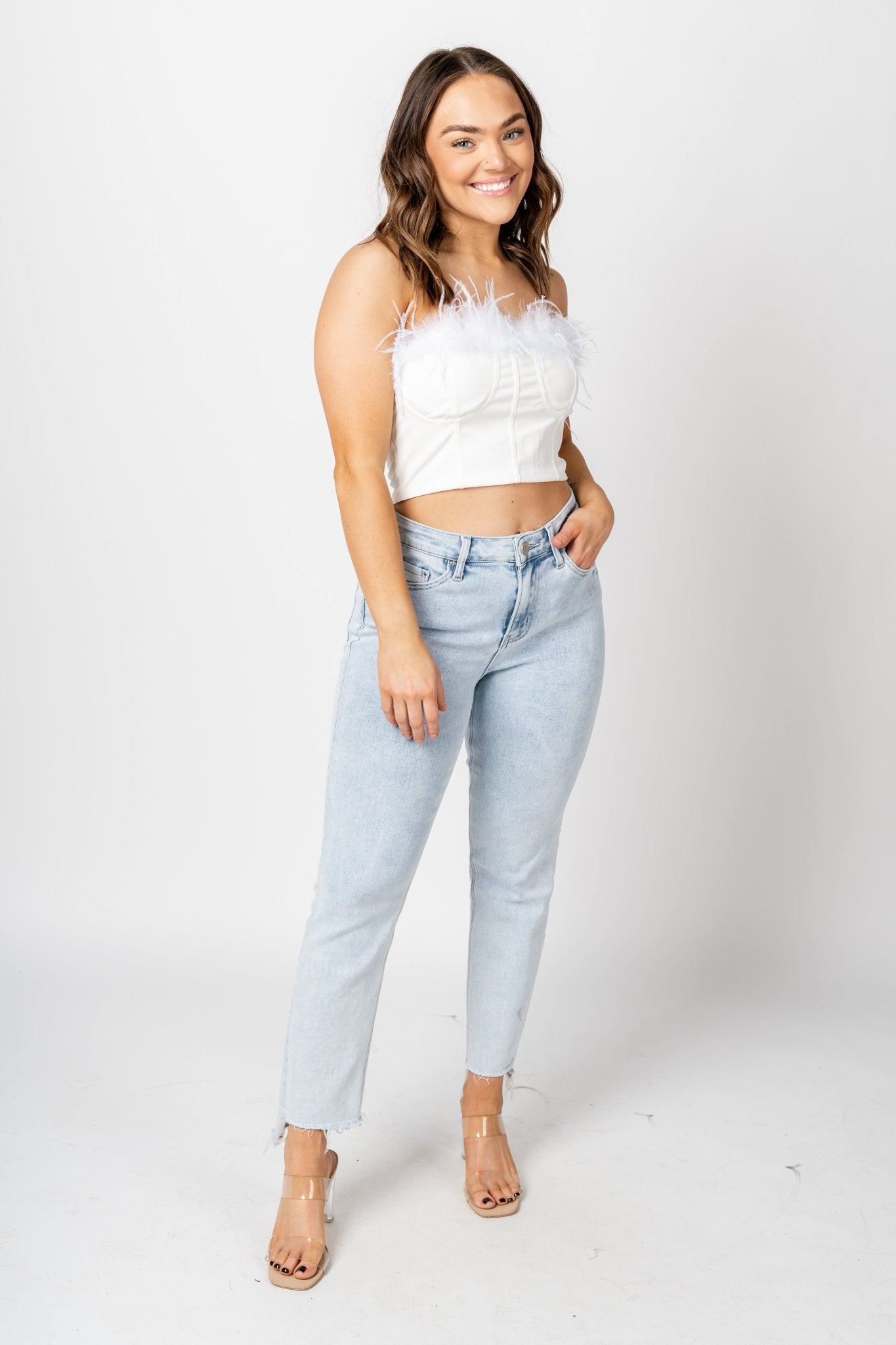 Feather trim crop top white