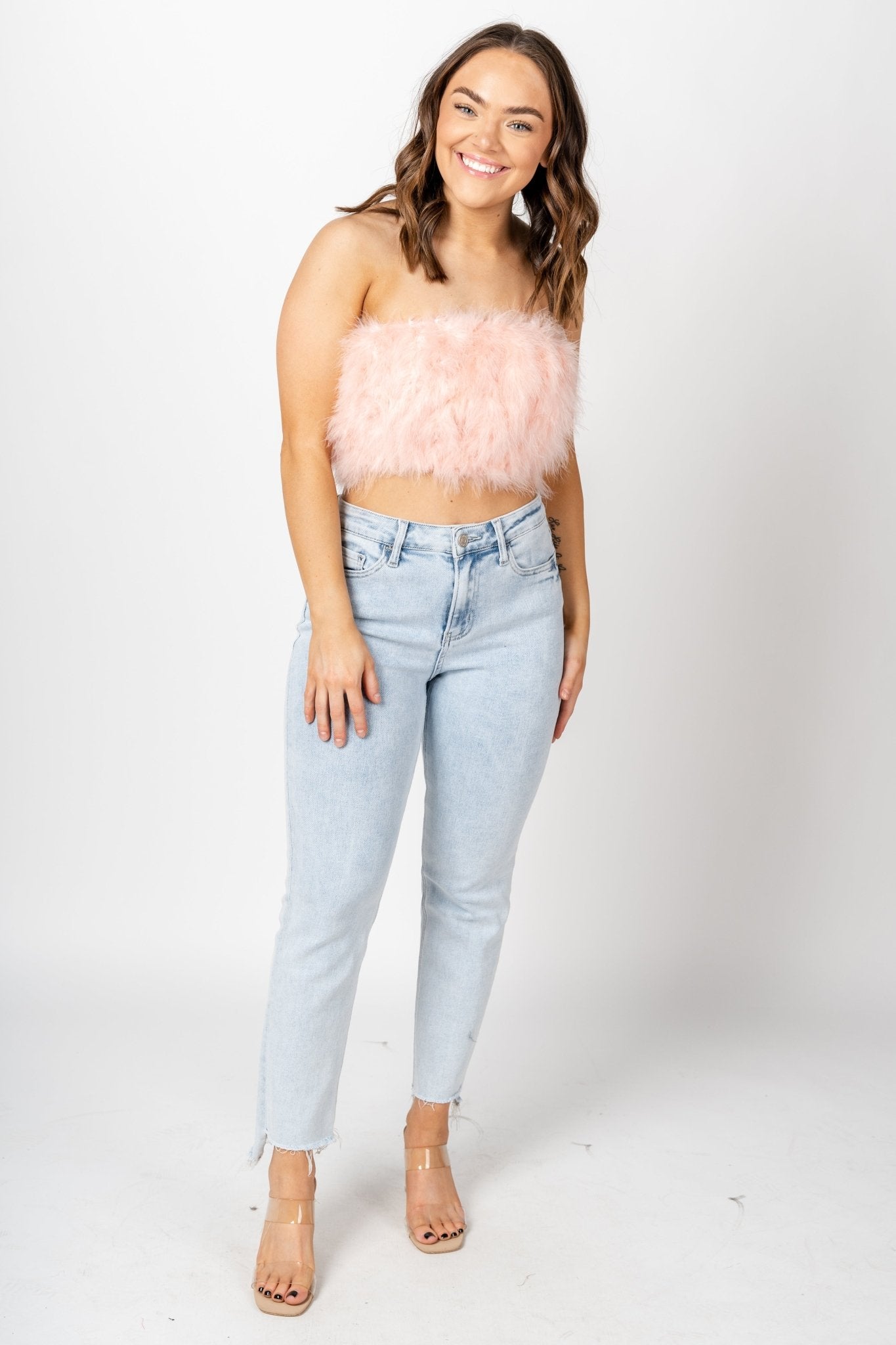 Fancy Strapless Feather Crop Top - Baby Pink