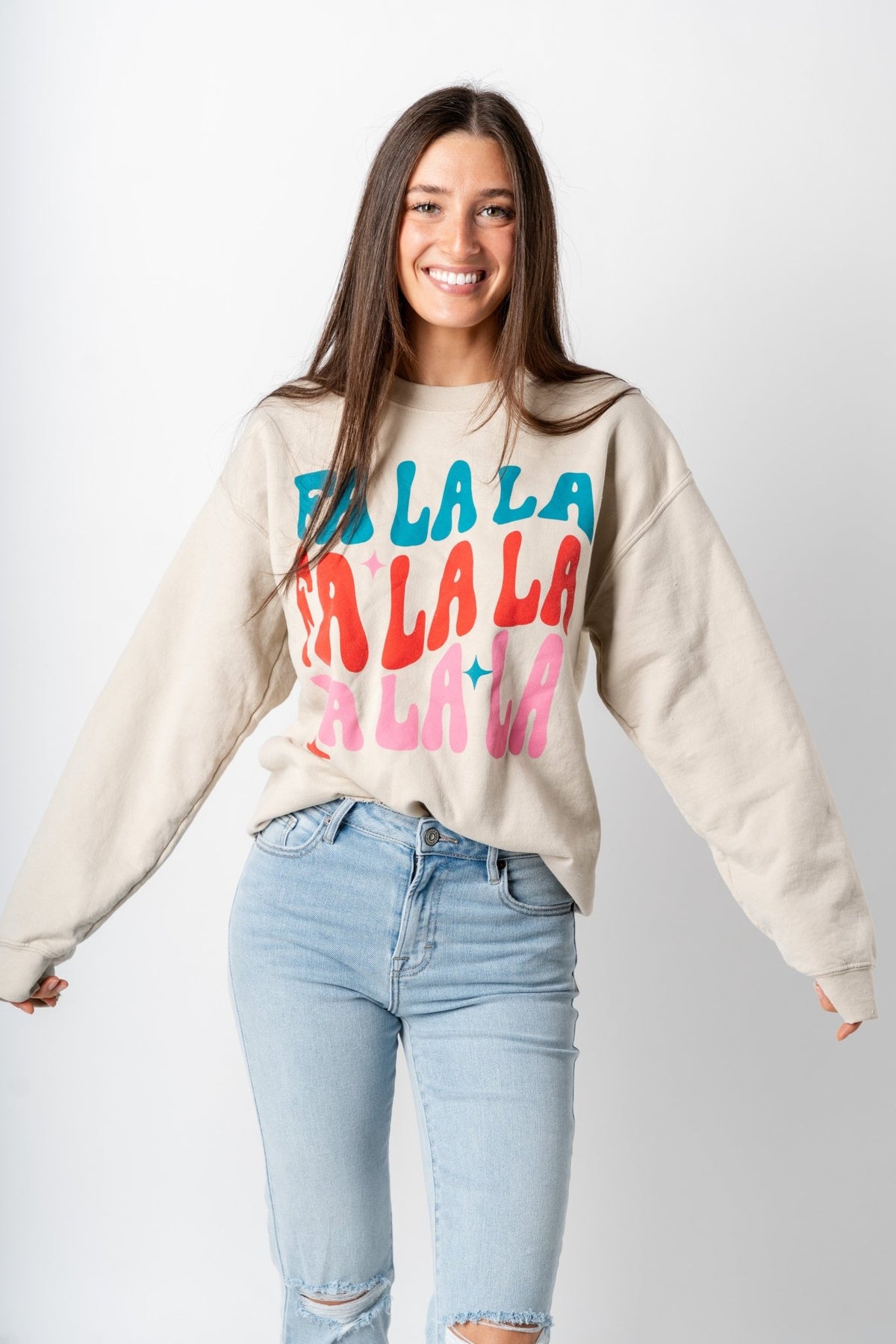 Falala repeater thrifted sweatshirt sand - Trendy Holiday Apparel at Lush Fashion Lounge Boutique in Oklahoma City