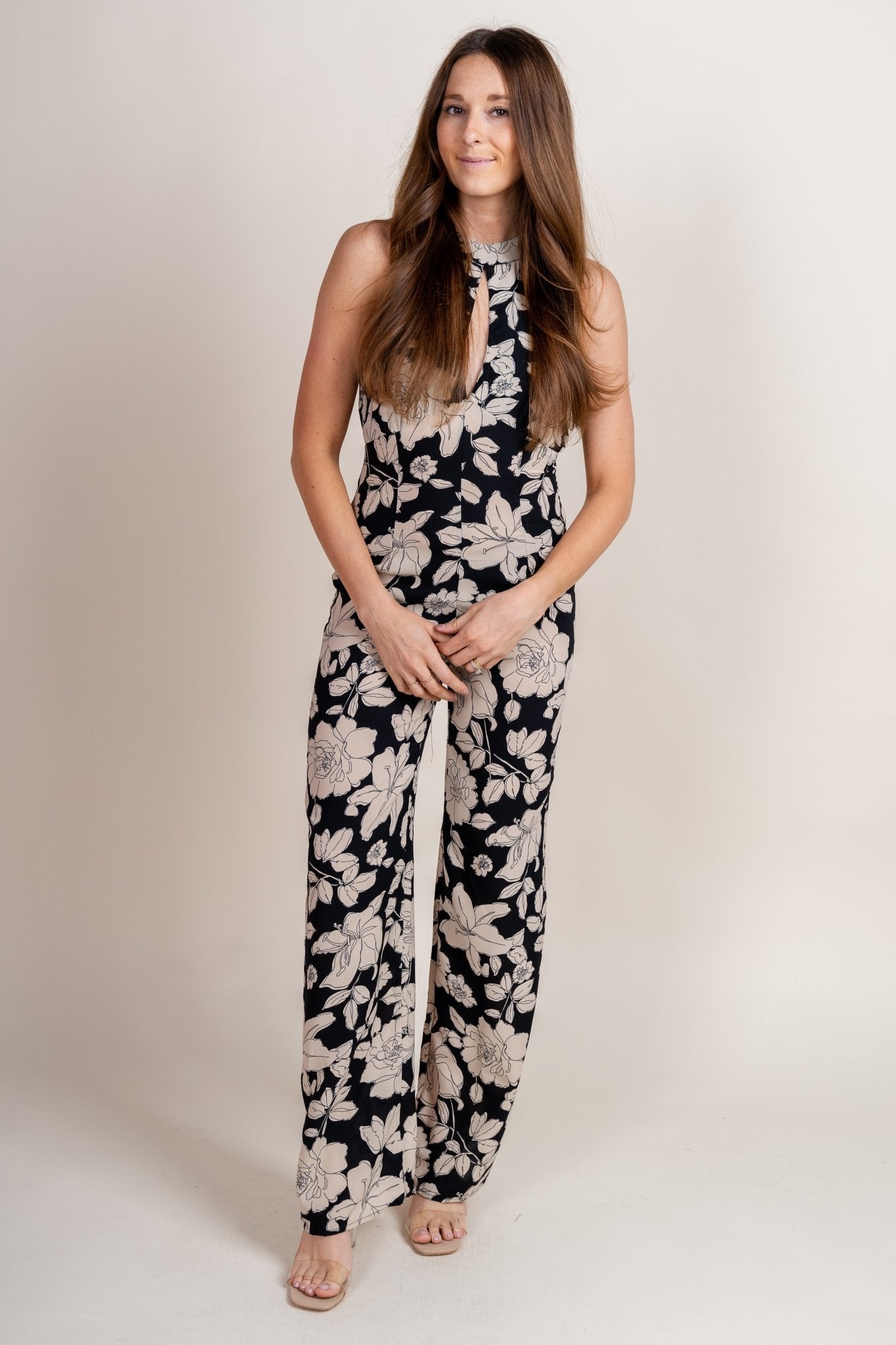 Flower print jumpsuit black/white - Trendy Jumpsuit - Fashion Rompers & Pantsuits at Lush Fashion Lounge Boutique in Oklahoma City