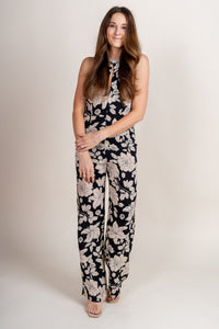 Flower print jumpsuit black/white - Affordable Jumpsuit - Boutique Rompers & Pantsuits at Lush Fashion Lounge Boutique in Oklahoma City