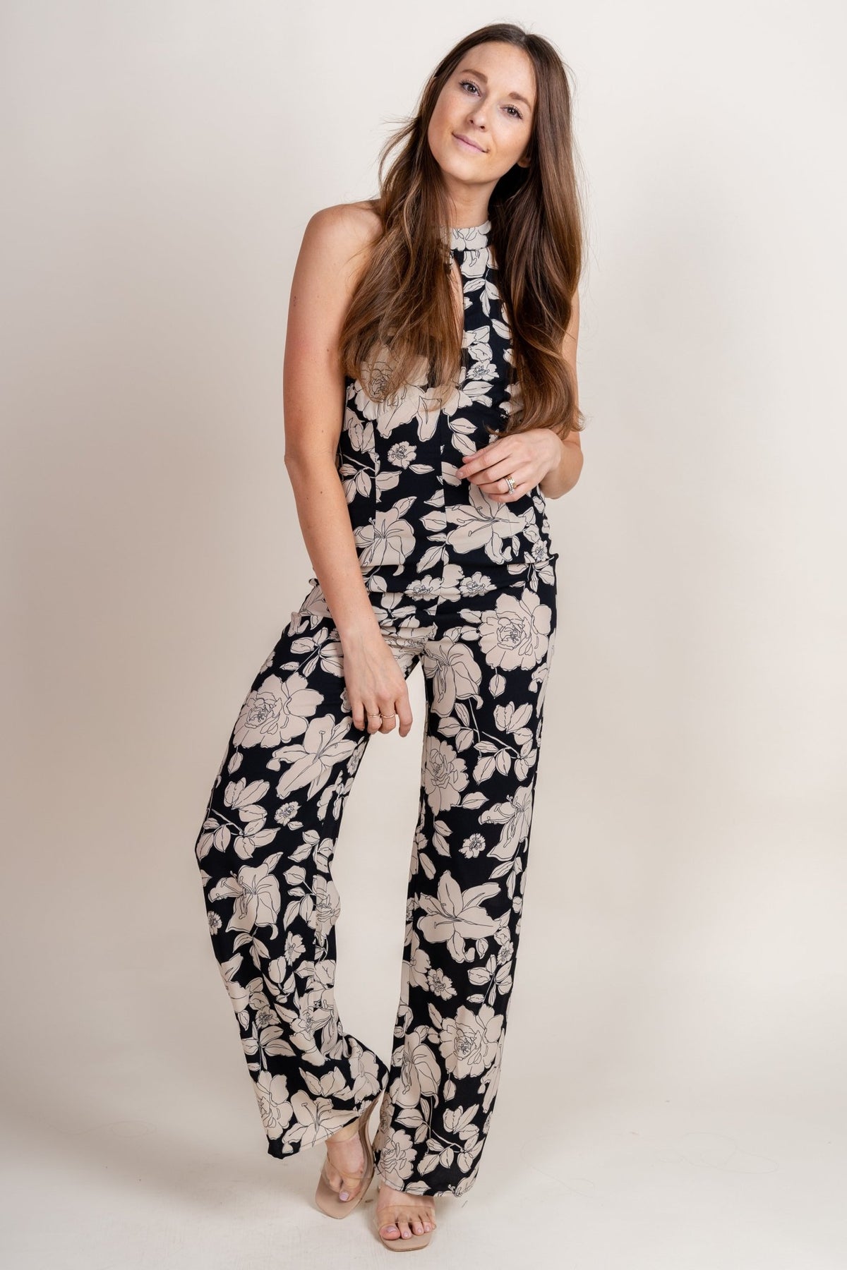 Flower print jumpsuit black/white - Cute Jumpsuit - Trendy Rompers and Pantsuits at Lush Fashion Lounge Boutique in Oklahoma City
