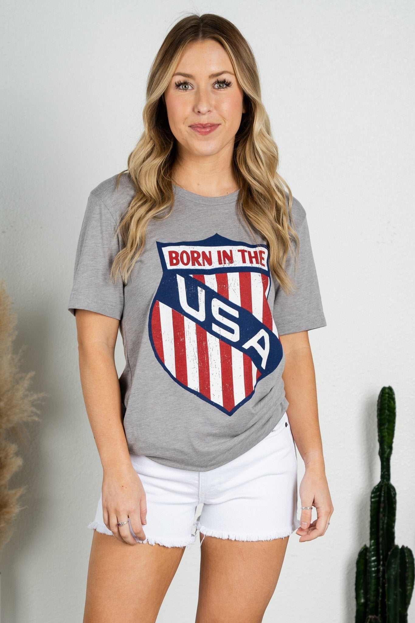 Born in the USA badge unisex short sleeve t-shirt grey - Trendy T-shirts - Cute Graphic Tee Fashion at Lush Fashion Lounge Boutique in Oklahoma