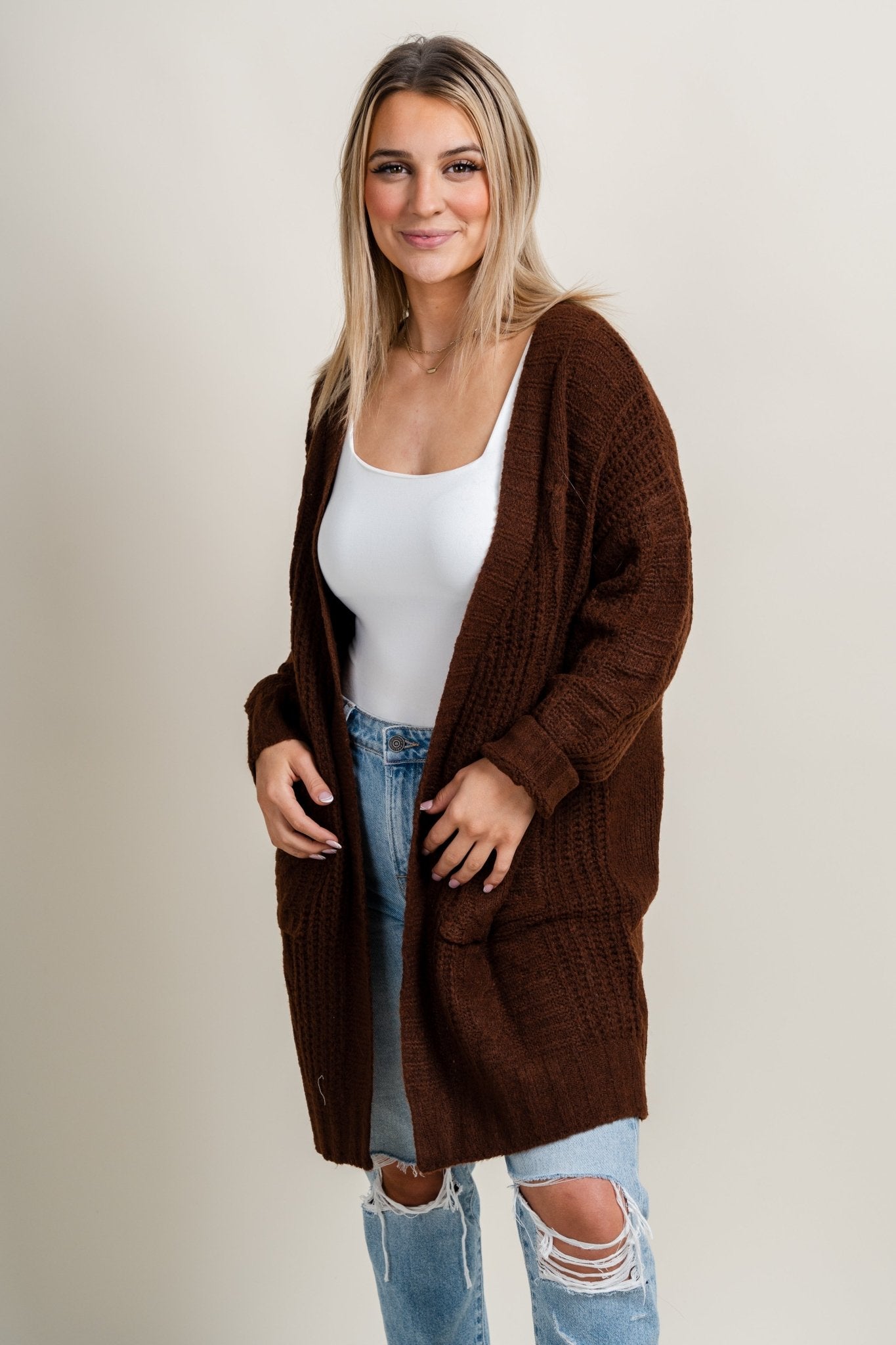 Knit sweater cardigan brown - Affordable Cardigan - Boutique Cardigans & Trendy Kimonos at Lush Fashion Lounge Boutique in Oklahoma City