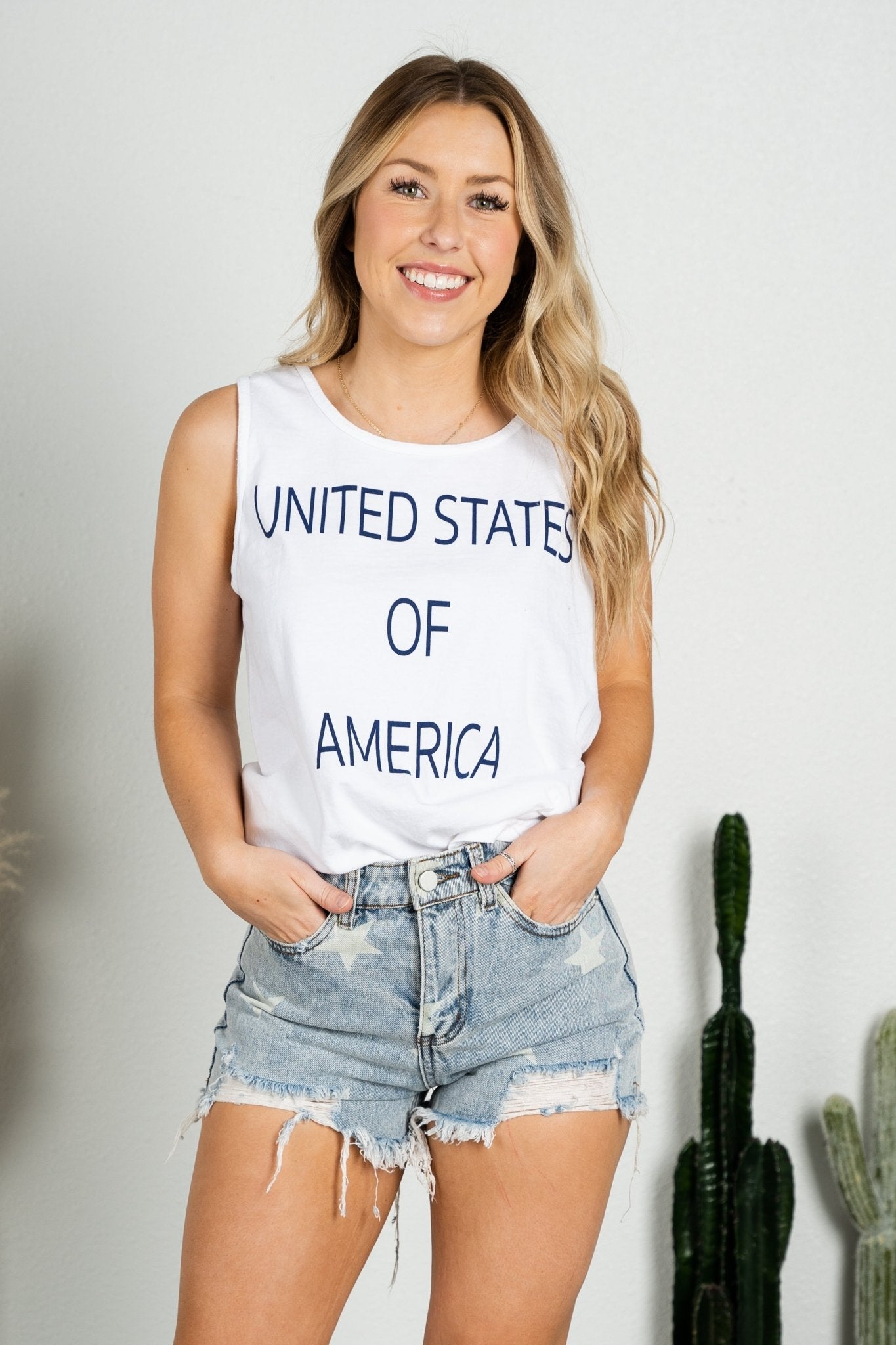USA simple comfort colors tank top white - Stylish Tank Top - Trendy Graphic T-Shirts and Tank Tops at Lush Fashion Lounge Boutique in Oklahoma City