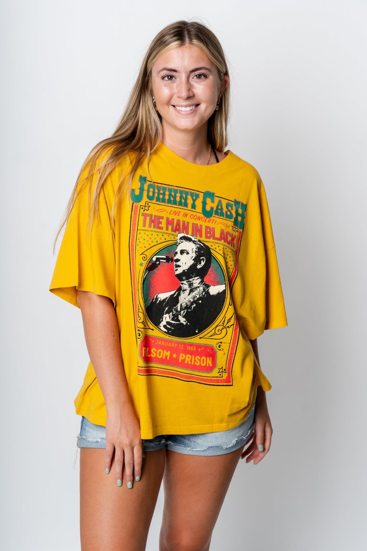 DayDreamer Johnny Cash man in black oversized tee golden daze - DayDreamer Graphic Band Tees at Lush Fashion Lounge Trendy Boutique in Oklahoma City