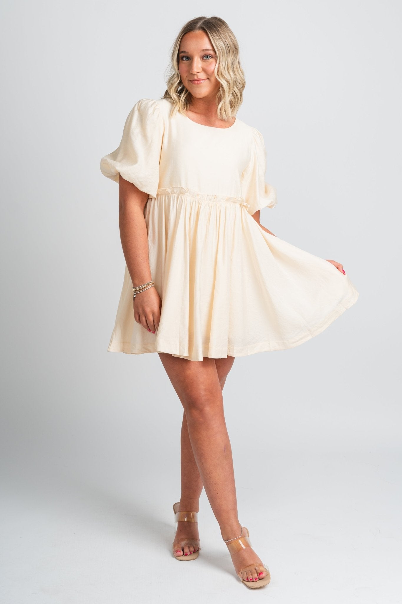 Puff sleeve mini dress cream - Cute Dress - Trendy Easter Clothing Line at Lush Fashion Lounge Boutique in Oklahoma