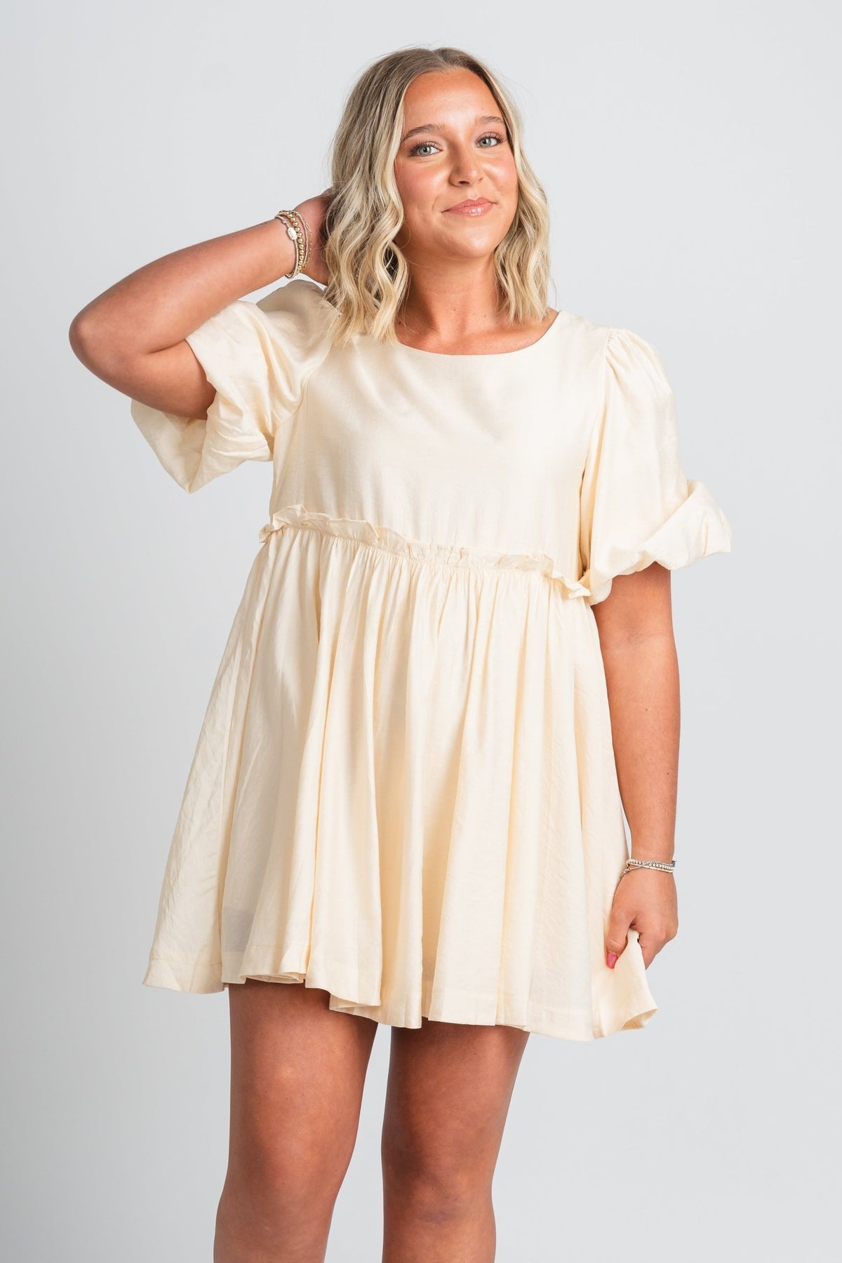 Puff sleeve mini dress cream - Stylish Dress - Cute Easter Outfits at Lush Fashion Lounge Boutique in Oklahoma