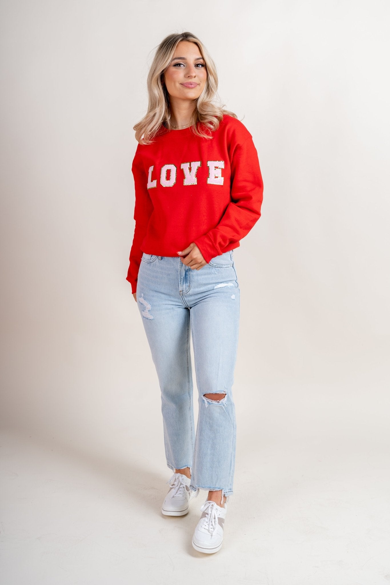 Love patch sweatshirt red - Trendy Valentine's T-Shirts at Lush Fashion Lounge Boutique in Oklahoma City