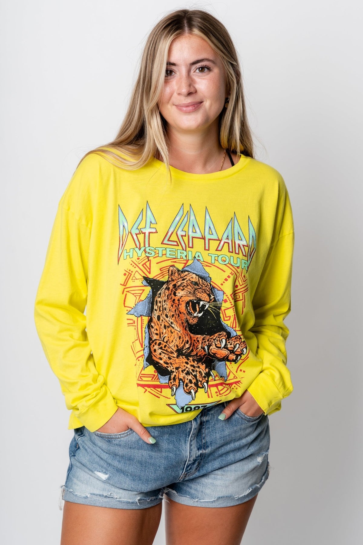 DayDreamer Def Leppard hysteria tour long sleeve tee lemon tonic - DayDreamer Graphic Band Tees at Lush Fashion Lounge Trendy Boutique in Oklahoma City