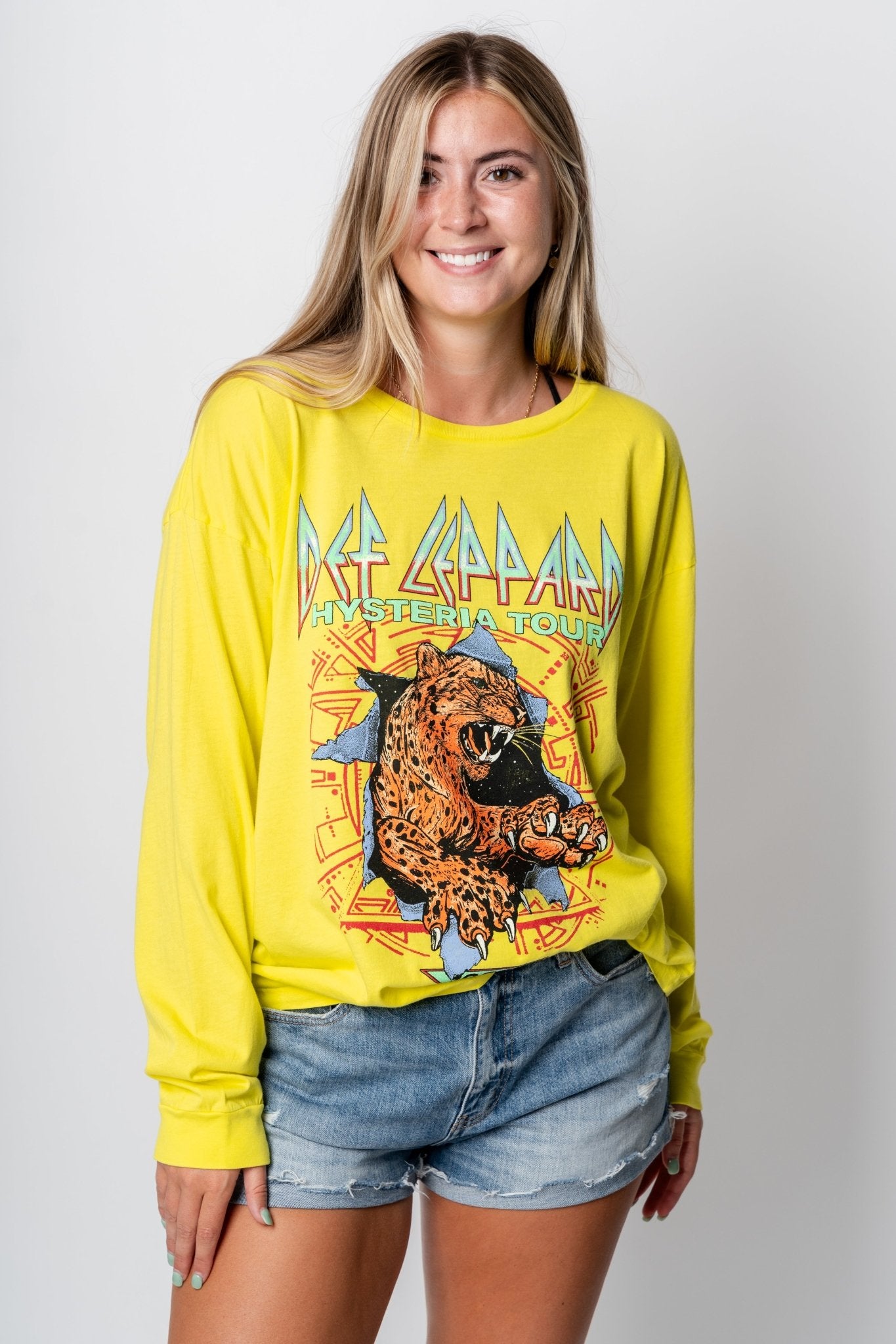 DayDreamer Def Leppard hysteria tour long sleeve tee lemon tonic - Stylish Band T-Shirts and Sweatshirts at Lush Fashion Lounge Boutique in Oklahoma City