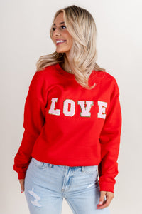 Love patch sweatshirt red - Unique Valentine's Day T-Shirt Designs at Lush Fashion Lounge Boutique in Oklahoma City