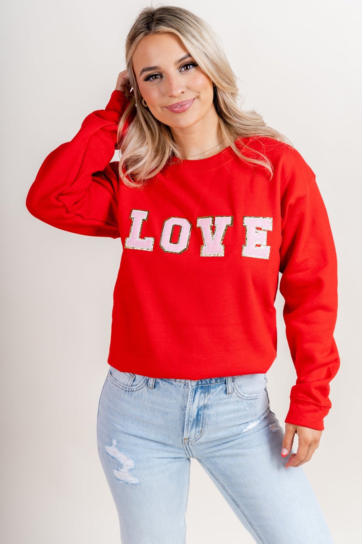 Love patch sweatshirt red - Trendy T-Shirts for Valentine's Day at Lush Fashion Lounge Boutique in Oklahoma City