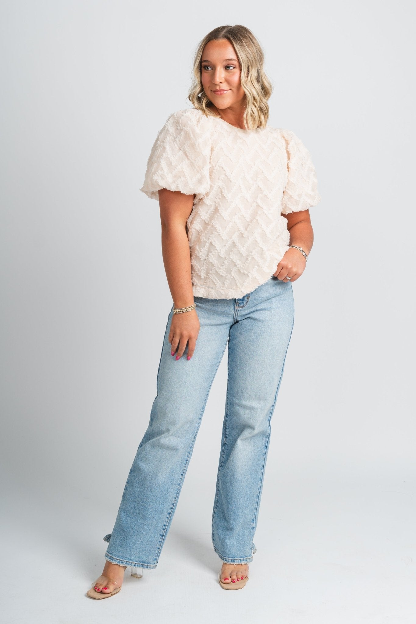Tulle bubble sleeve top natural - Cute Top - Trendy Easter Clothing Line at Lush Fashion Lounge Boutique in Oklahoma