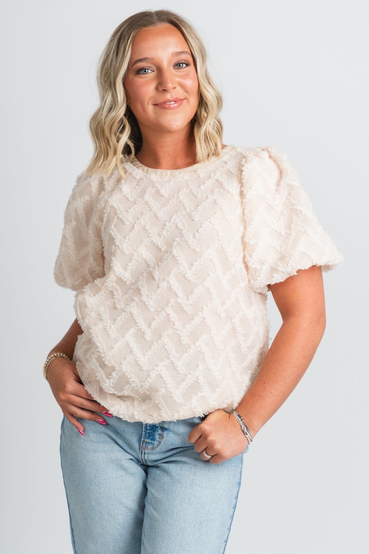 Tulle bubble sleeve top natural - Stylish Top - Cute Easter Outfits at Lush Fashion Lounge Boutique in Oklahoma