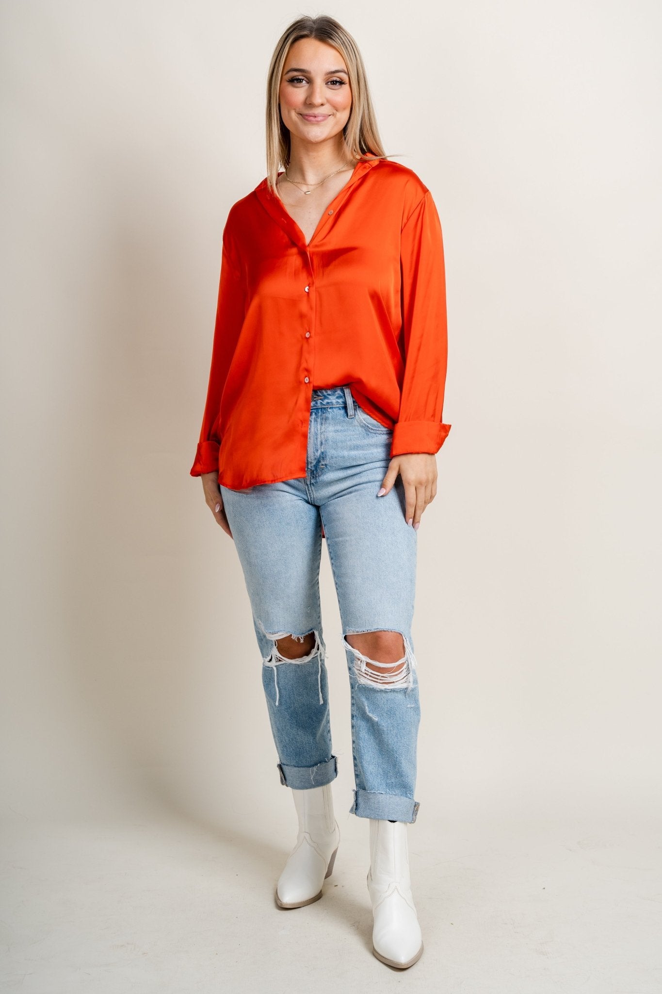OSU Satin button down top orange Top | Lush Fashion Lounge Trendy Oklahoma State Cowboys Apparel & Cute Gameday T-Shirts