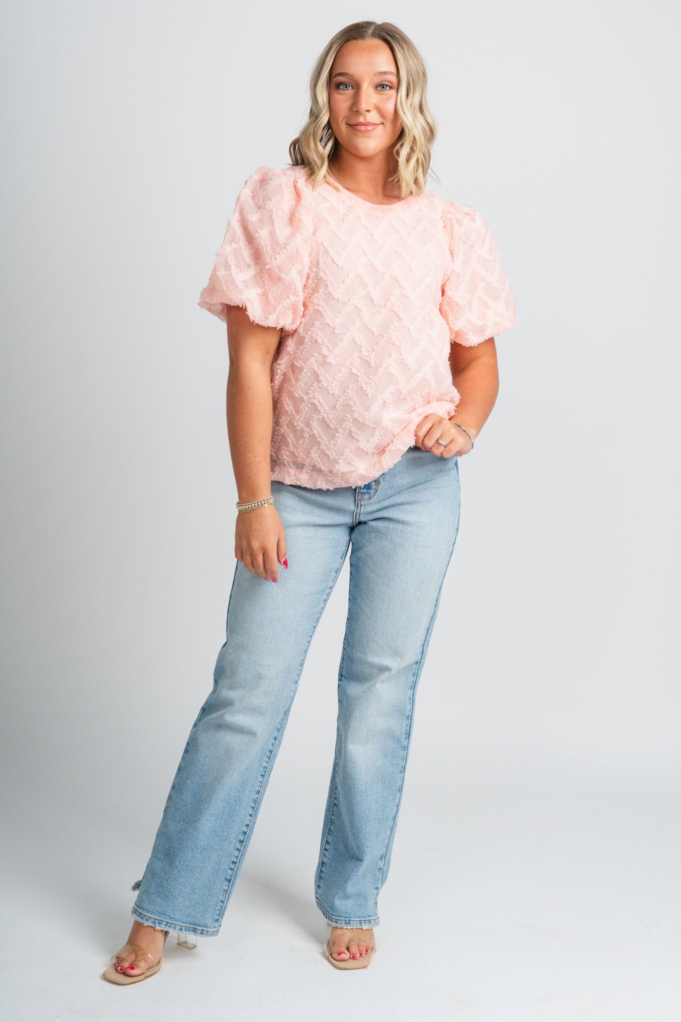 Tulle bubble sleeve top soft peach - Cute Top - Trendy Easter Clothing Line at Lush Fashion Lounge Boutique in Oklahoma