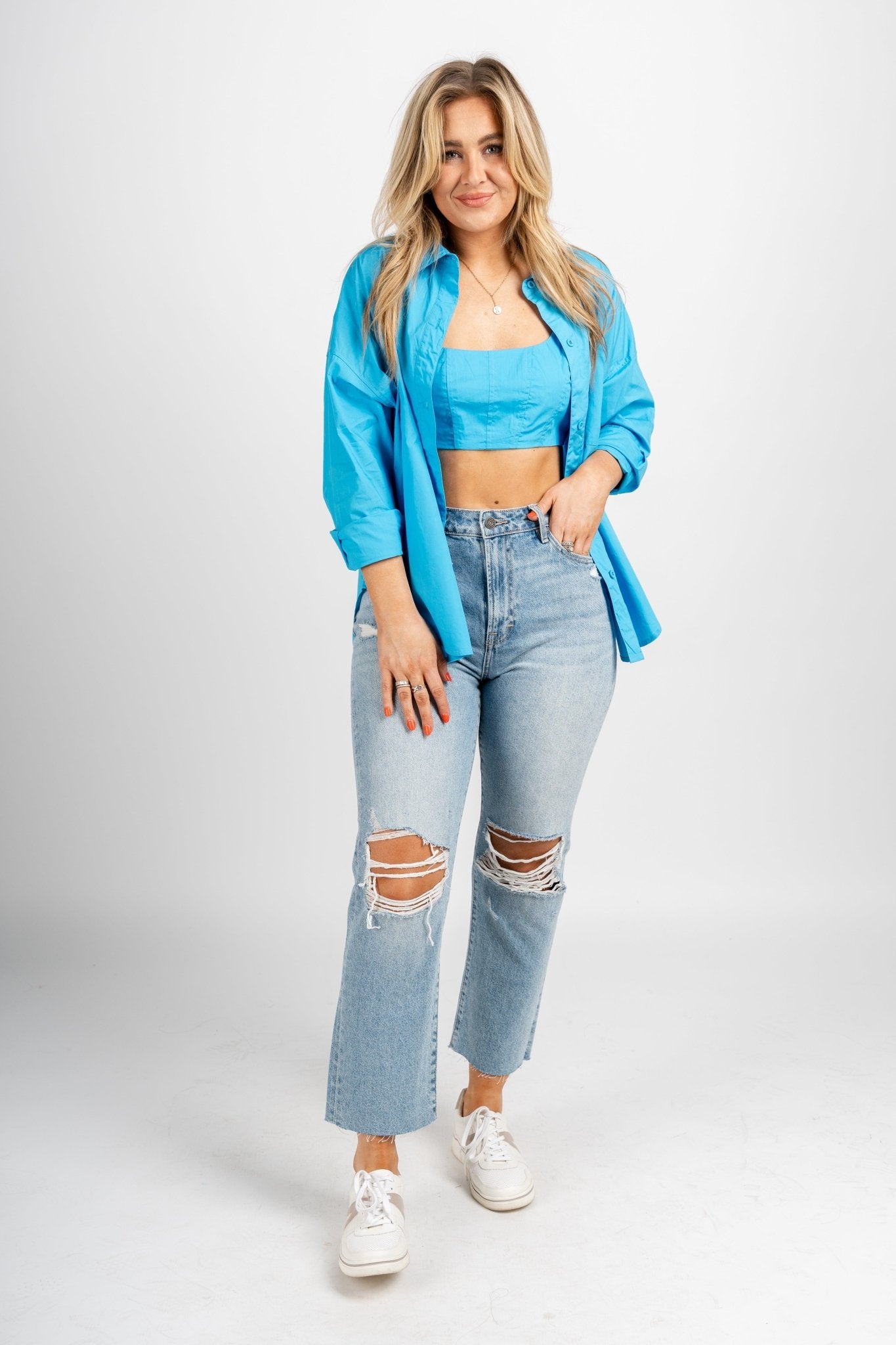 Oversized button down top blue