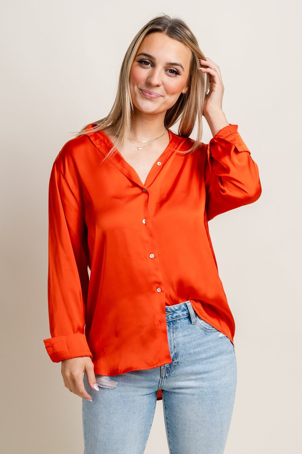 OSU Satin button down top orange Top | Lush Fashion Lounge Trendy Oklahoma State Cowboys Apparel & Cute Gameday T-Shirts