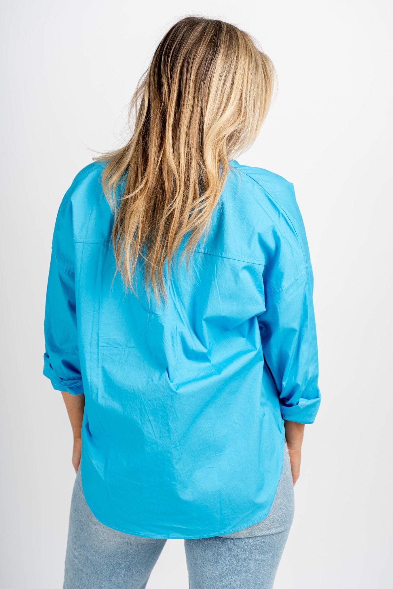 Oversized button down top blue