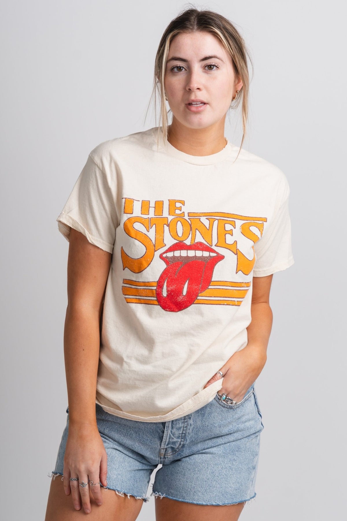 Rolling Stones stoned thrifted t-shirt off white - Trendy Band T-Shirts and Sweatshirts at Lush Fashion Lounge Boutique in Oklahoma City