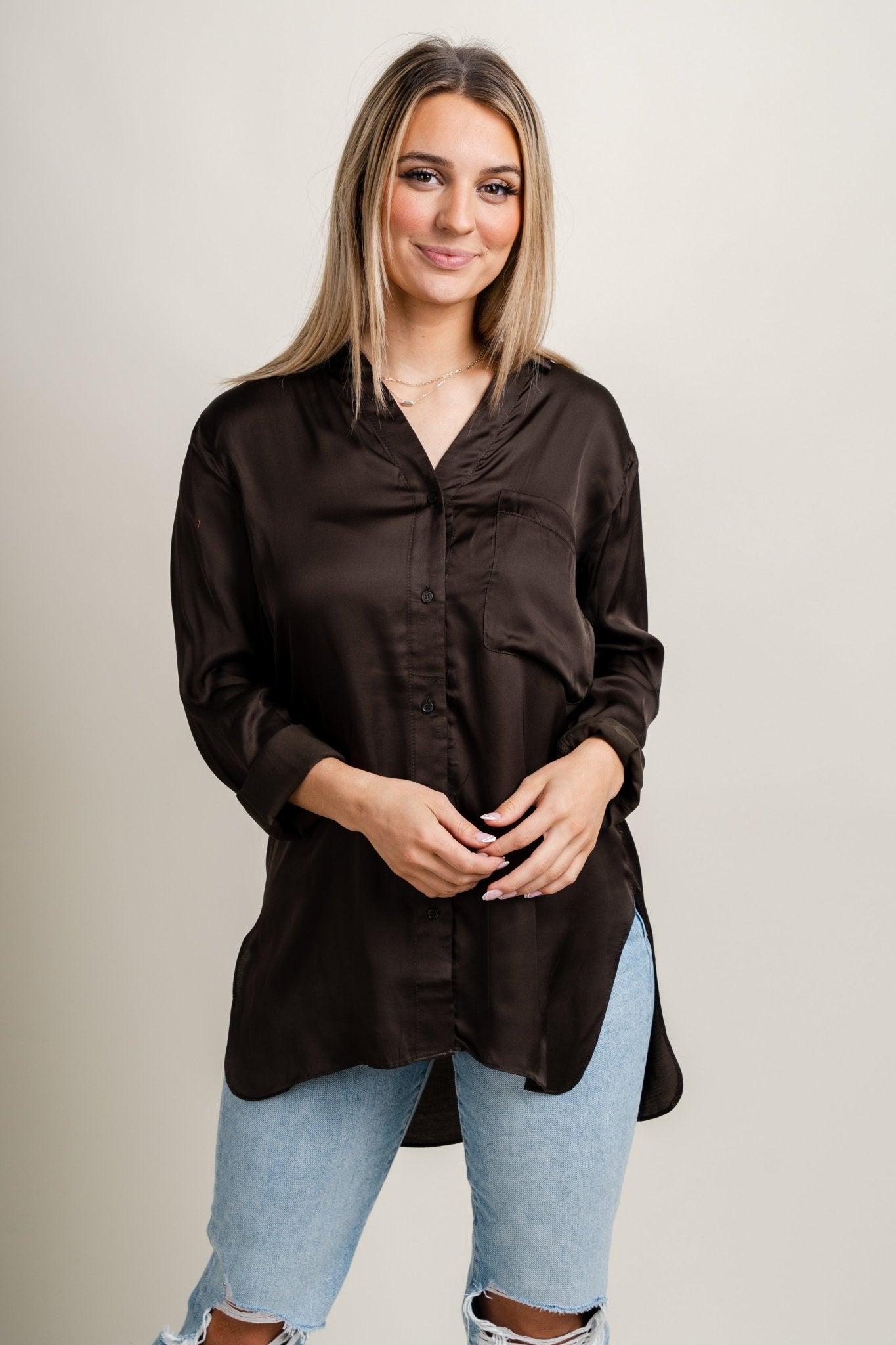 Satin button down top umber green