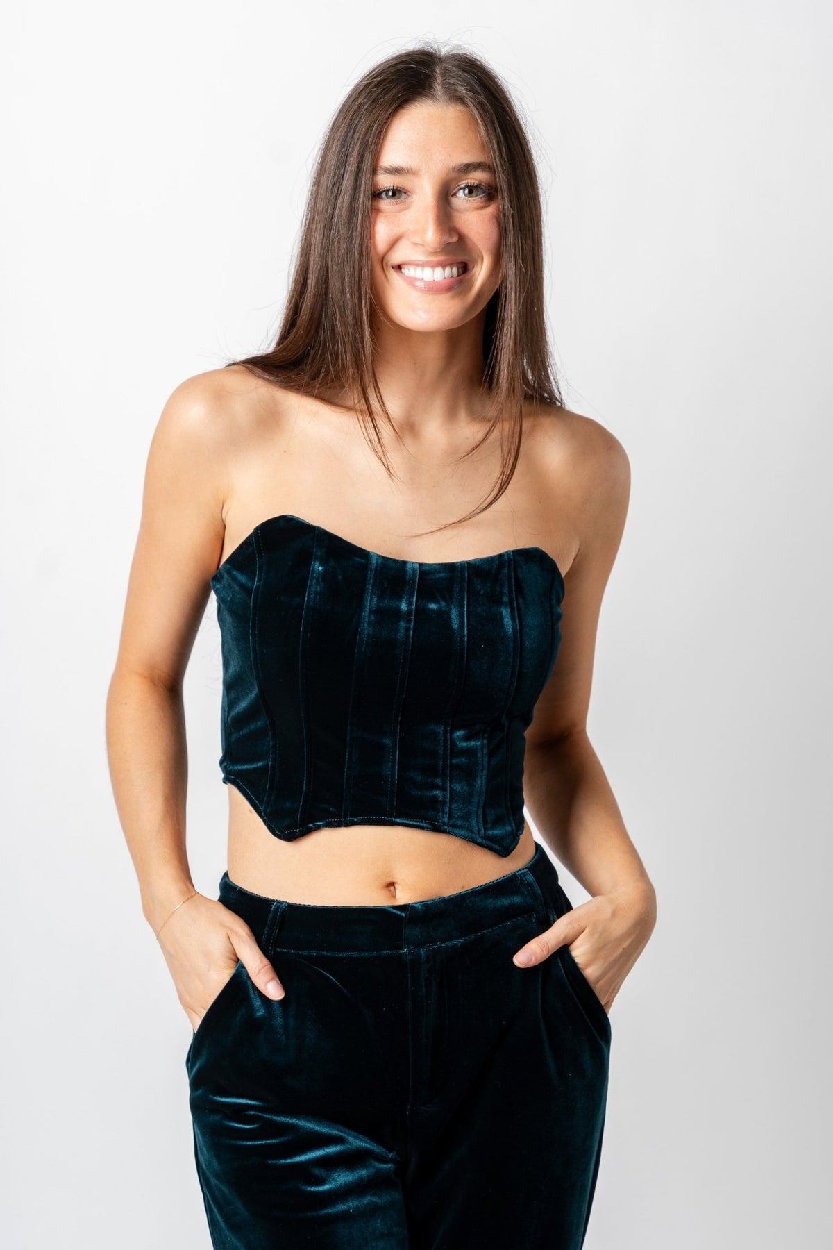 Velvet bustier top green - Trendy Holiday Apparel at Lush Fashion Lounge Boutique in Oklahoma City