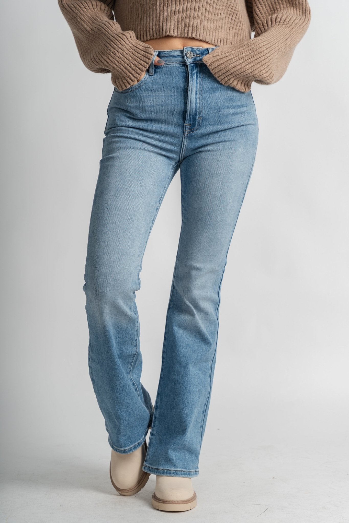 Hidden happi high rise flare jeans medium blue | Lush Fashion Lounge: boutique women's jeans, fashion jeans for women, affordable fashion jeans, cute boutique jeans