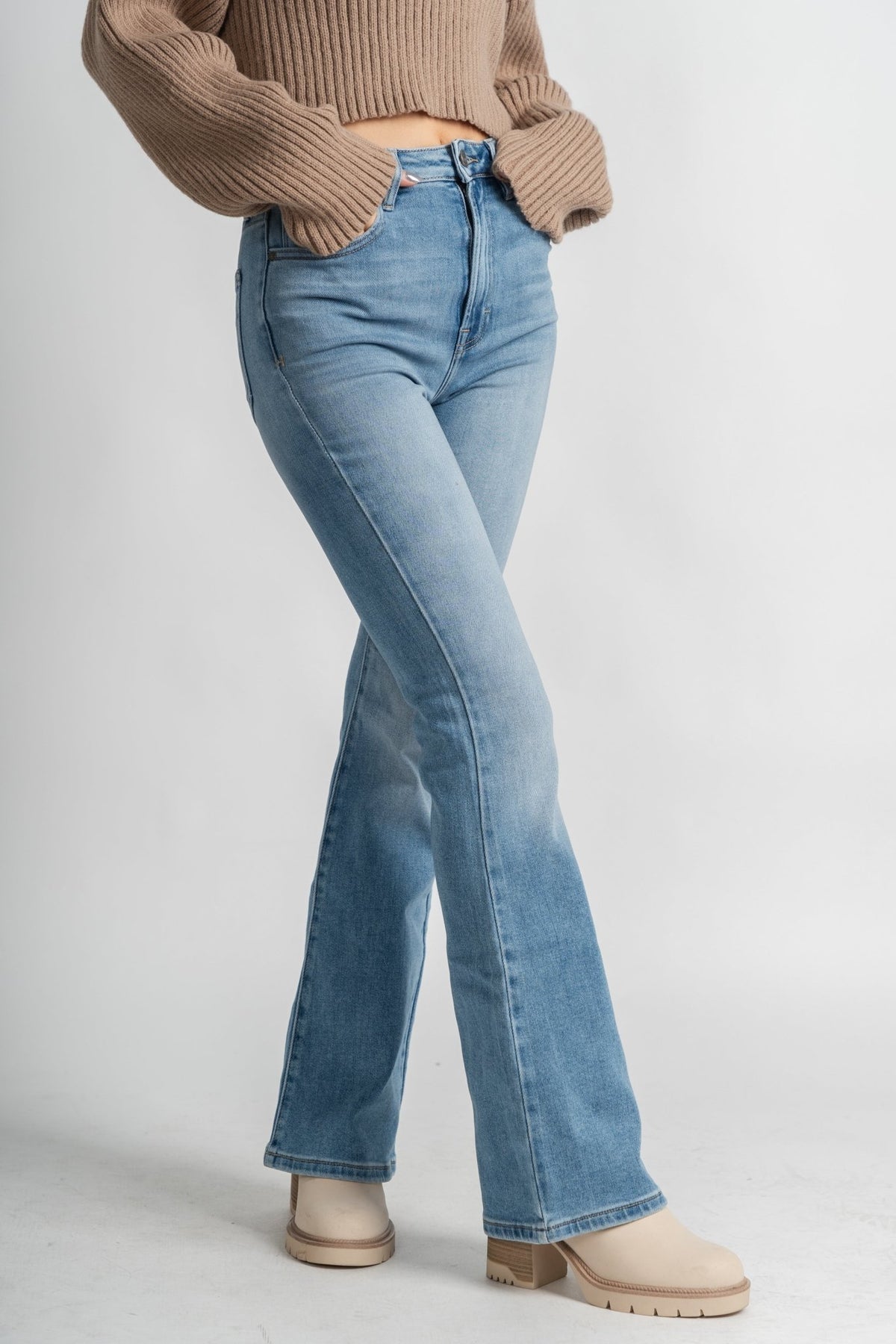 Hidden happi high rise flare jeans medium blue | Lush Fashion Lounge: boutique women's jeans, fashion jeans for women, affordable fashion jeans, cute boutique jeans