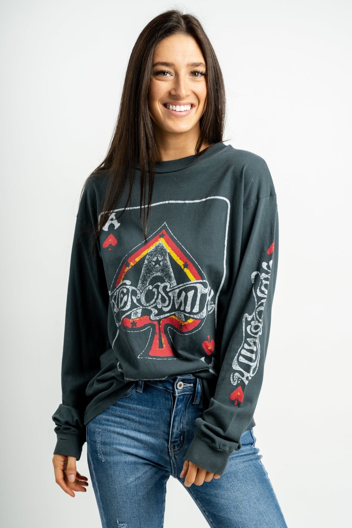 DayDreamer Aerosmith ace of spade long sleeve tee vintage black - DayDreamer Graphic Band Tees at Lush Fashion Lounge Trendy Boutique in Oklahoma City