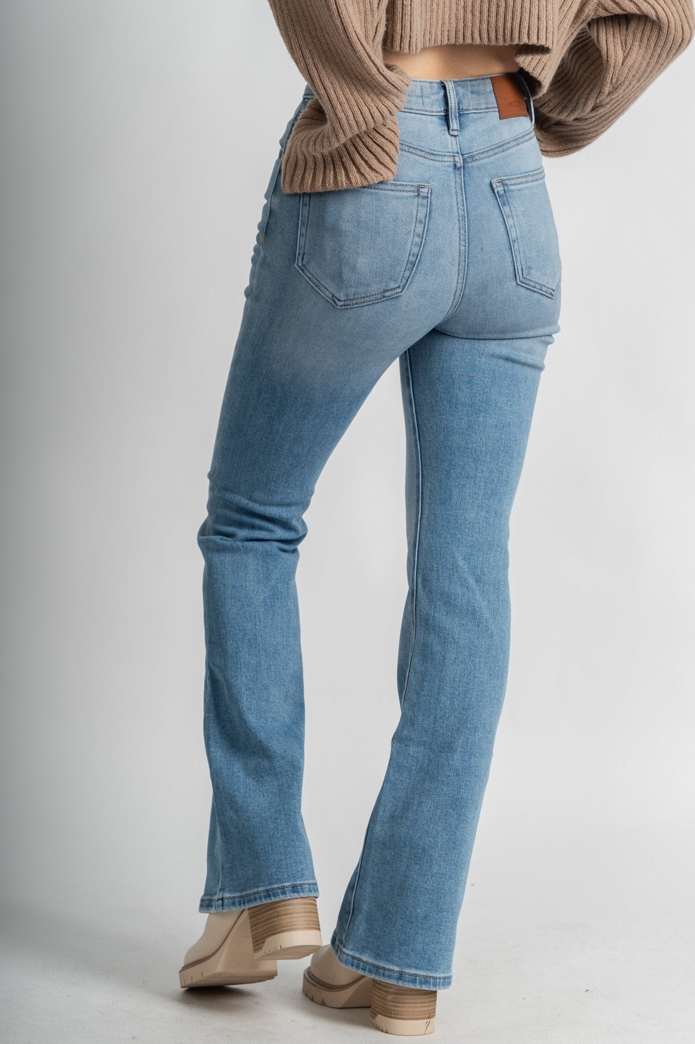 Hidden happi high rise flare jeans medium blue | Lush Fashion Lounge: boutique women's jeans, fashion jeans for women, affordable fashion jeans, cute boutique jeans