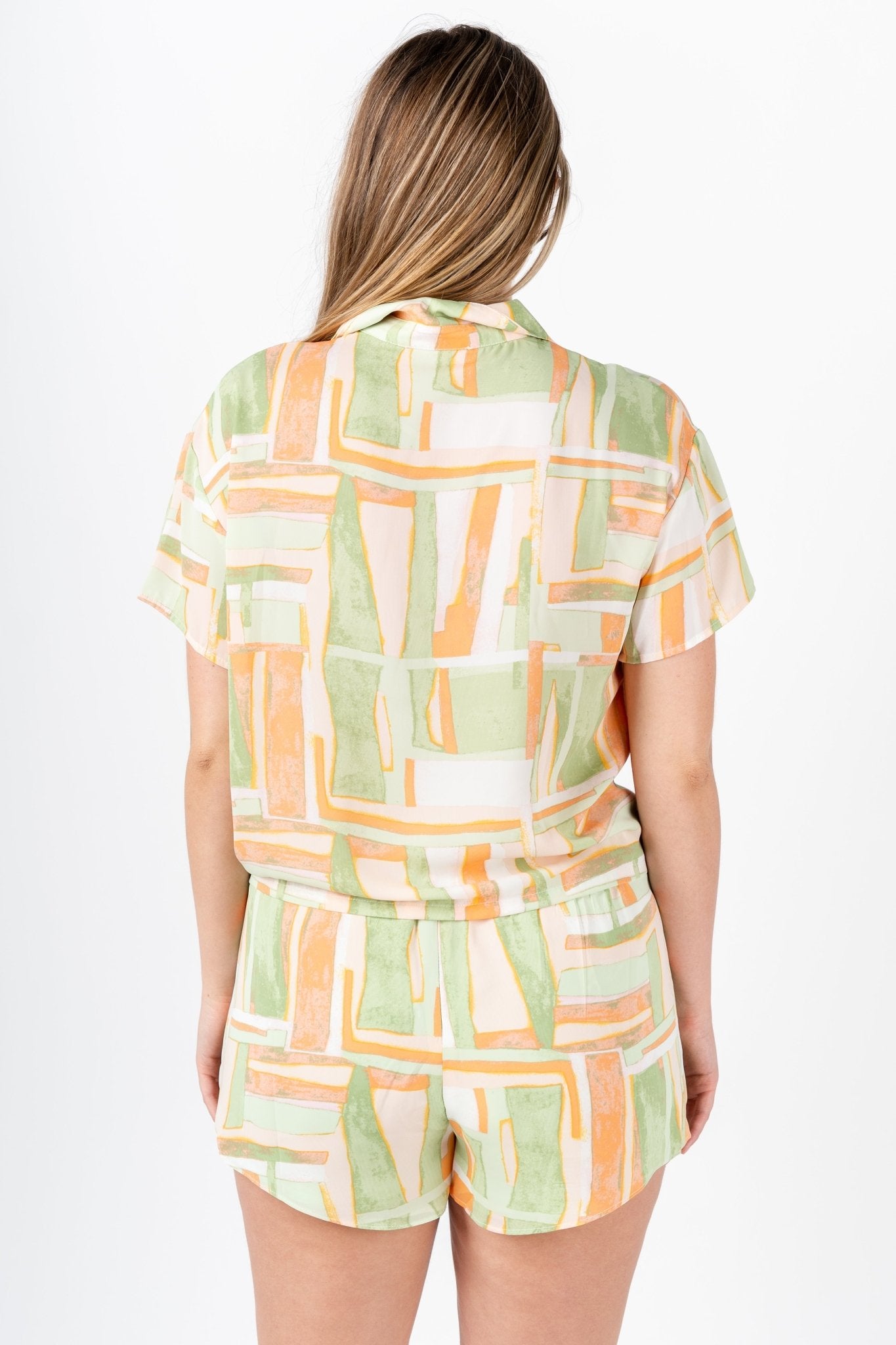 Geometric short sleeve button up top green/coral
