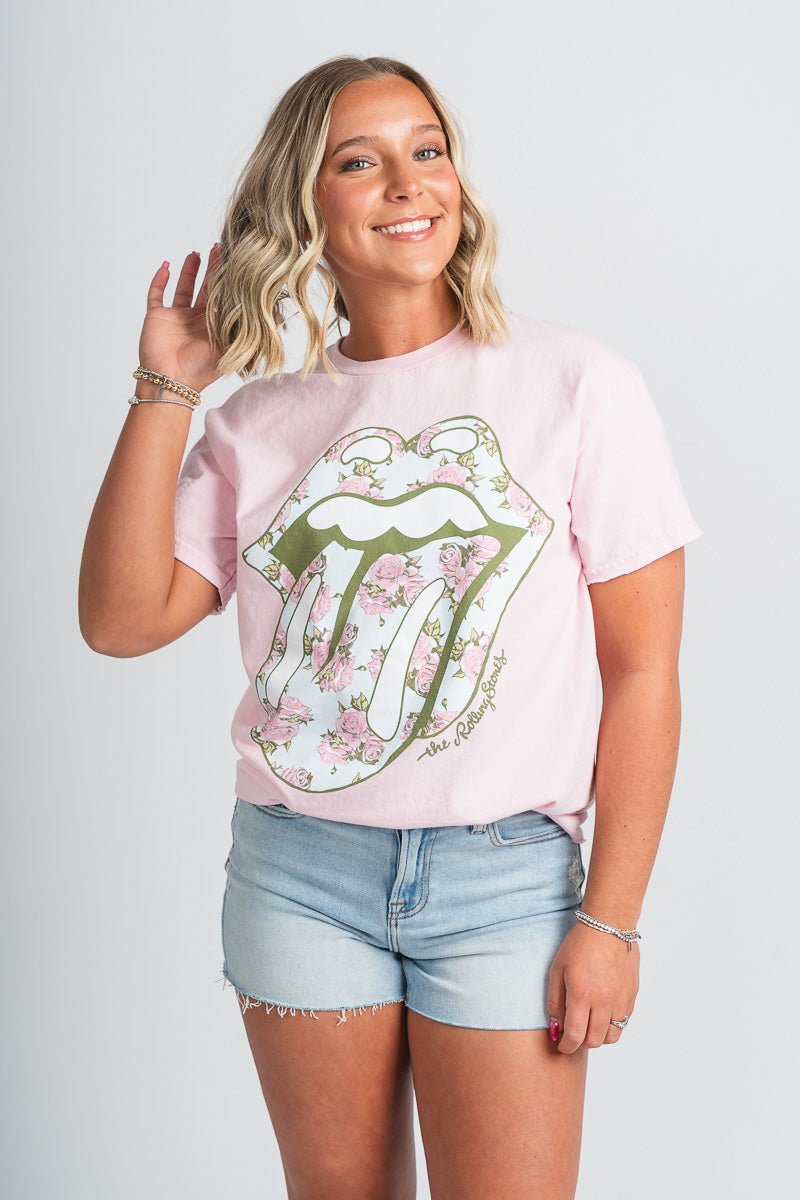 Rolling Stones floral lick t-shirt pink - Stylish Band T-Shirts and Sweatshirts at Lush Fashion Lounge Boutique in Oklahoma City
