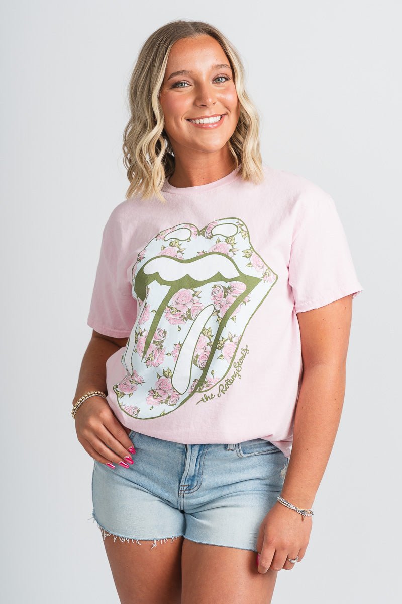 Rolling Stones floral lick t-shirt pink - Trendy Band T-Shirts and Sweatshirts at Lush Fashion Lounge Boutique in Oklahoma City