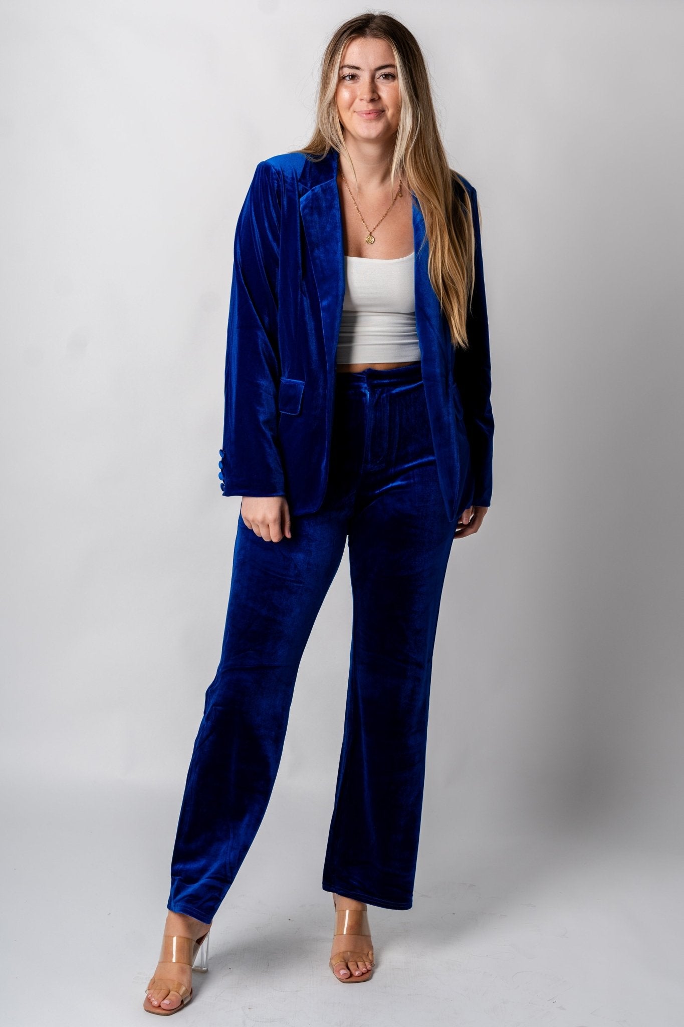 High waist wide leg velvet pants royal blue - Affordable New Year's Eve Party Outfits at Lush Fashion Lounge Boutique in Oklahoma City