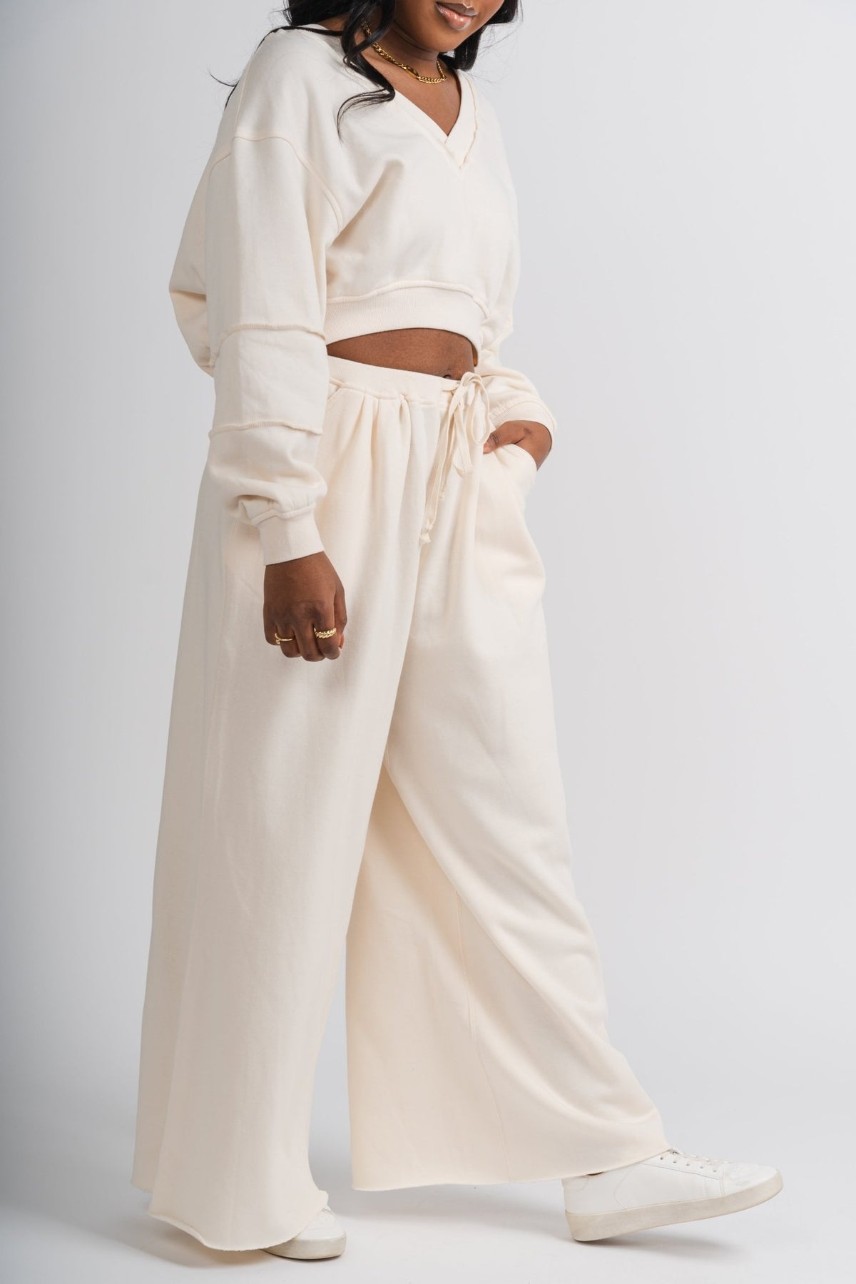 Wide leg sweatpants cream - Trendy sweatpants - Cute Loungewear Collection at Lush Fashion Lounge Boutique in Oklahoma City