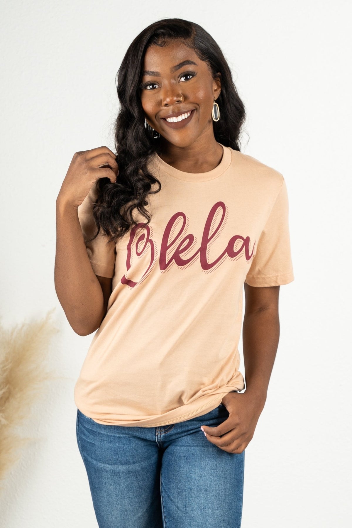 Okla shadow script t-shirt sand - Cute T-shirts - Trendy Graphic T-Shirts at Lush Fashion Lounge Boutique in Oklahoma City