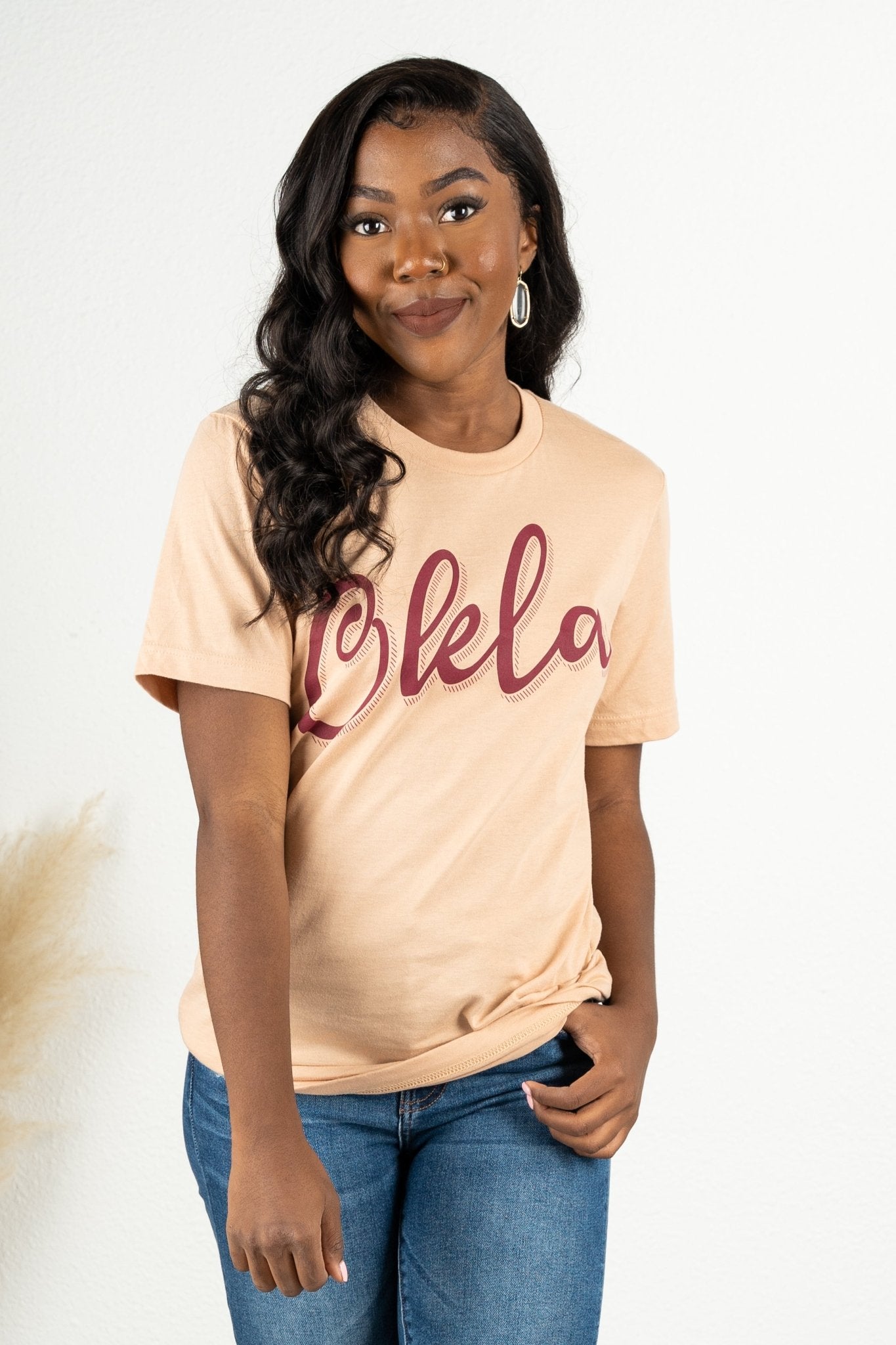 Okla shadow script t-shirt sand - Affordable T-shirts - Boutique Graphic T-Shirts at Lush Fashion Lounge Boutique in Oklahoma City